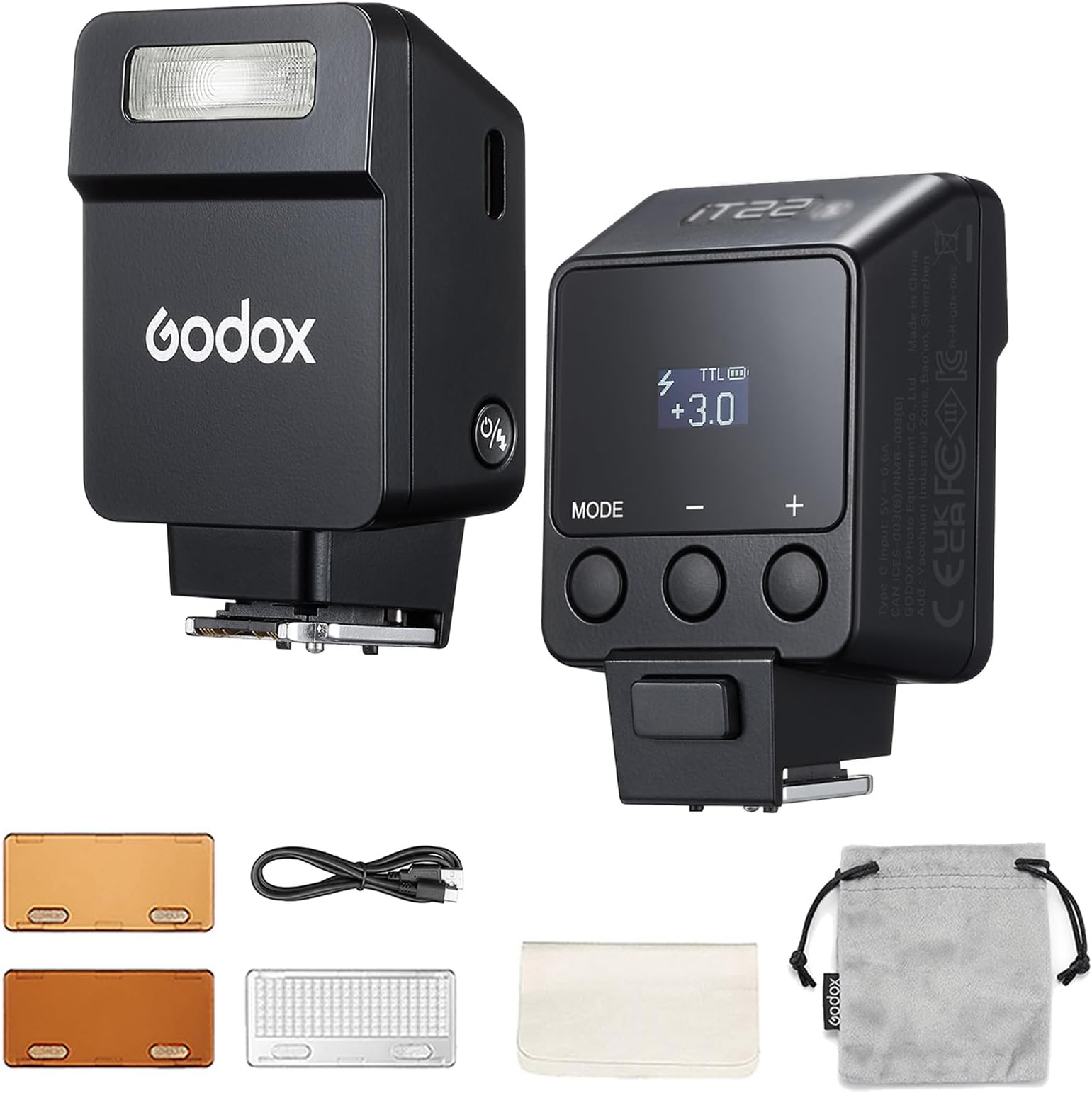 iT22-F Fuji TTL Mini Flash Camera Flash with Intuitive Display, 1.5 Second Recycle Time, Built-in Battery, USB-C Charging, Approximately 700 Flashes at Full Power, Compact Design, Black