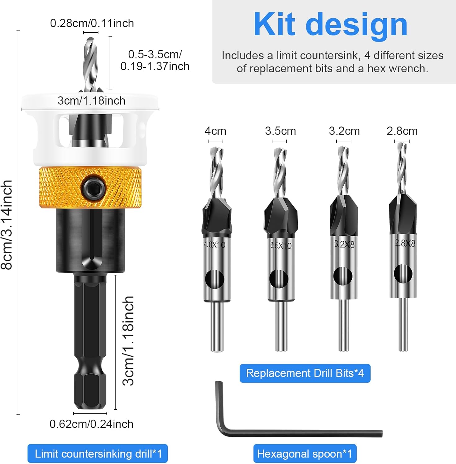 6Pcs Alloy Countersink Drill Bit Set With Depth Stop Spiral Edge Countersink Wood Drill Bit Versatile Wear Resistant Counterbore Hole Saw Drill Bit for Wood Processing(6 pieces)