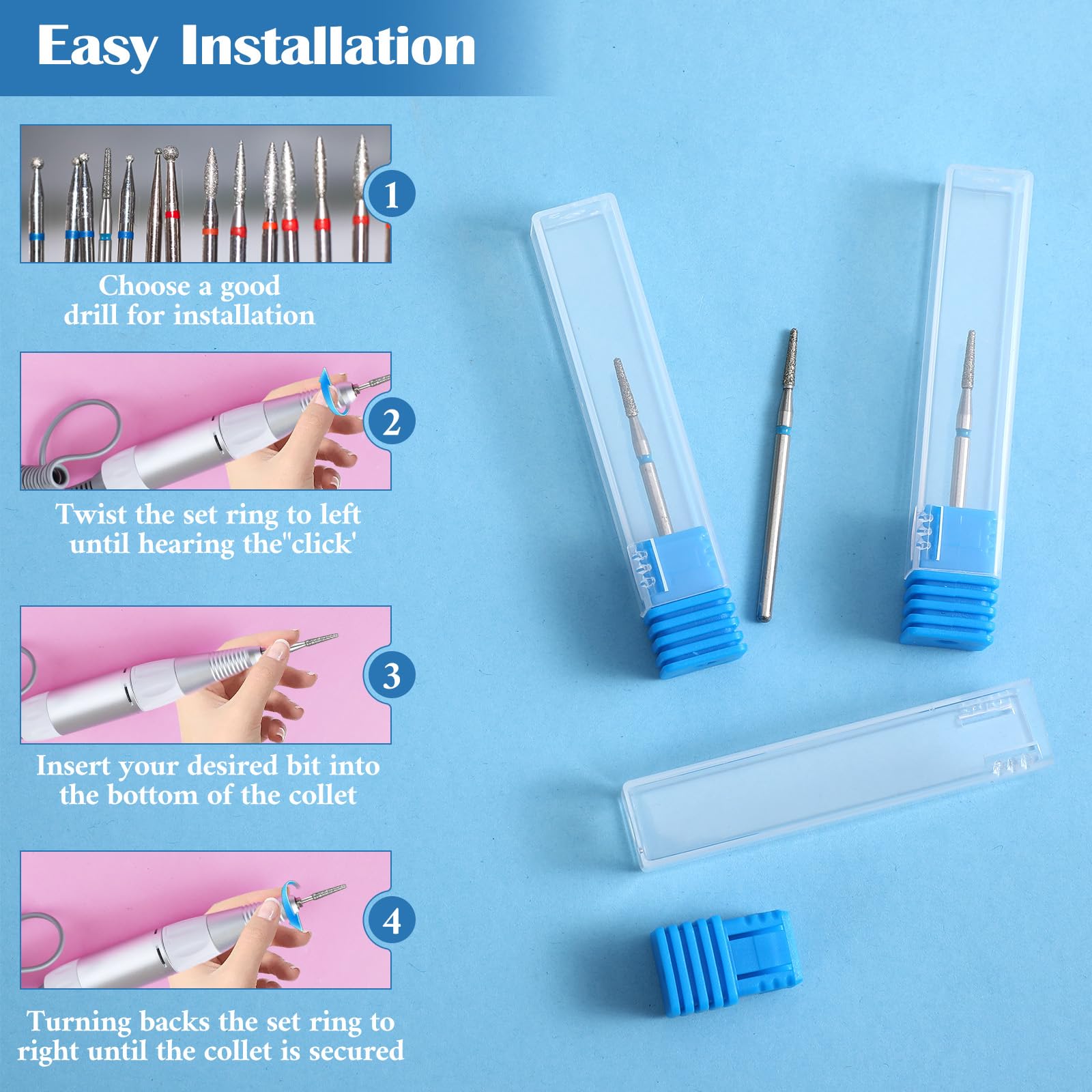 6 punte per cuticole, fresa per unghie riutilizzabili, con astuccio, fresa per cuticole diamantate, strumento professionale per la pulizia delle cuticole, grana media per la cura dei piedi