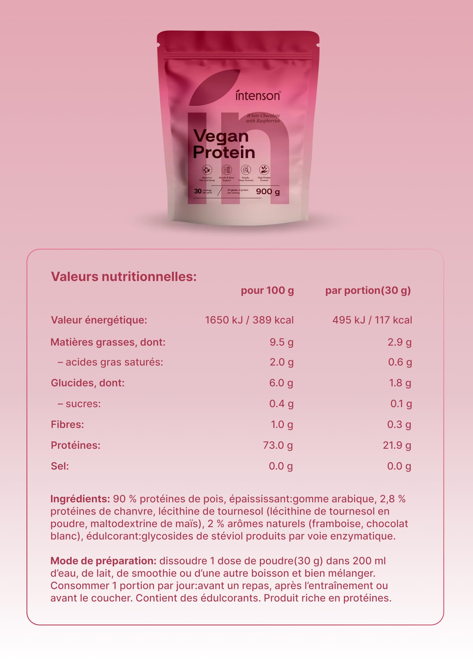 Intenson Vegan Protein Powder Chocolat Blanc Framboise, 900 g, 21 g de Protéines par Portion, 30 Portions, Mélange Pois & Chanvre, 100% Végétal, Sans Lactose, Sans Gluten, Sans Sucre, Formule Clean