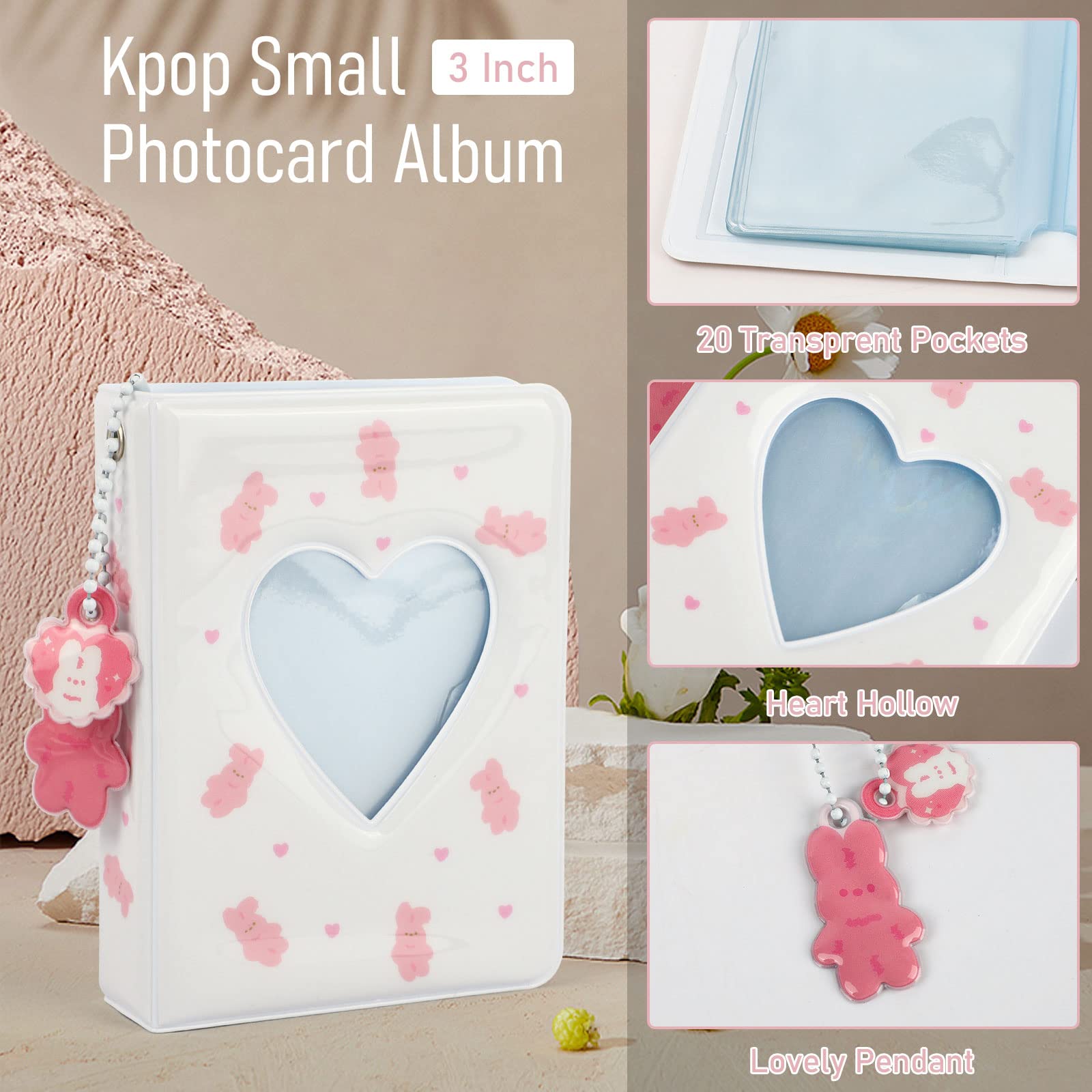 runrayay 3 Pollici Gatto Carino KPOP Photocard Holder Libro con Pendente, 40 Tasche Mini Album Fotografico, KPOP Album Fotografico Photocard Holder Cuore Cavo Album Fotografico, Rosa