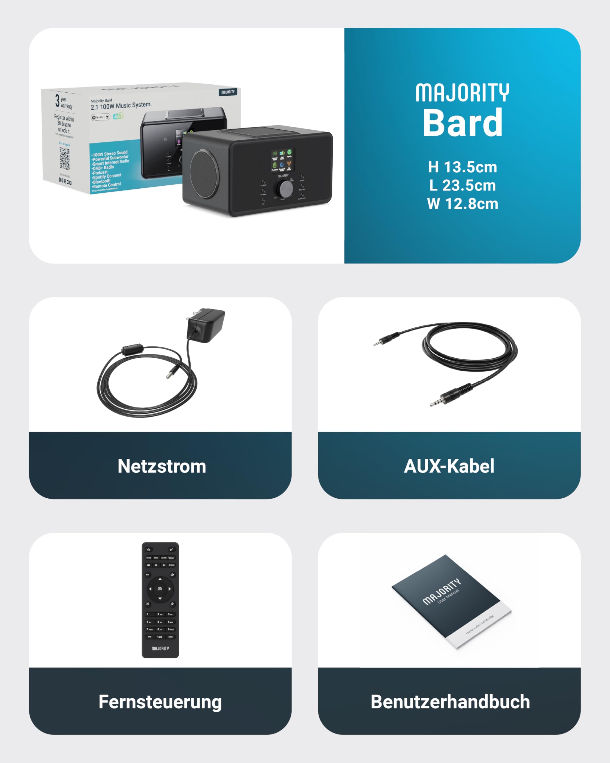 Internetradio WLAN | DAB Radio mit Bluetooth | Küchenradio 100 Watt 2.1-Lautsprecher mit Subwoofer | DAB Plus Radio | Internet Radios | Digitalradio DAB Plus mit Fernbedienung | MAJORITY Bard