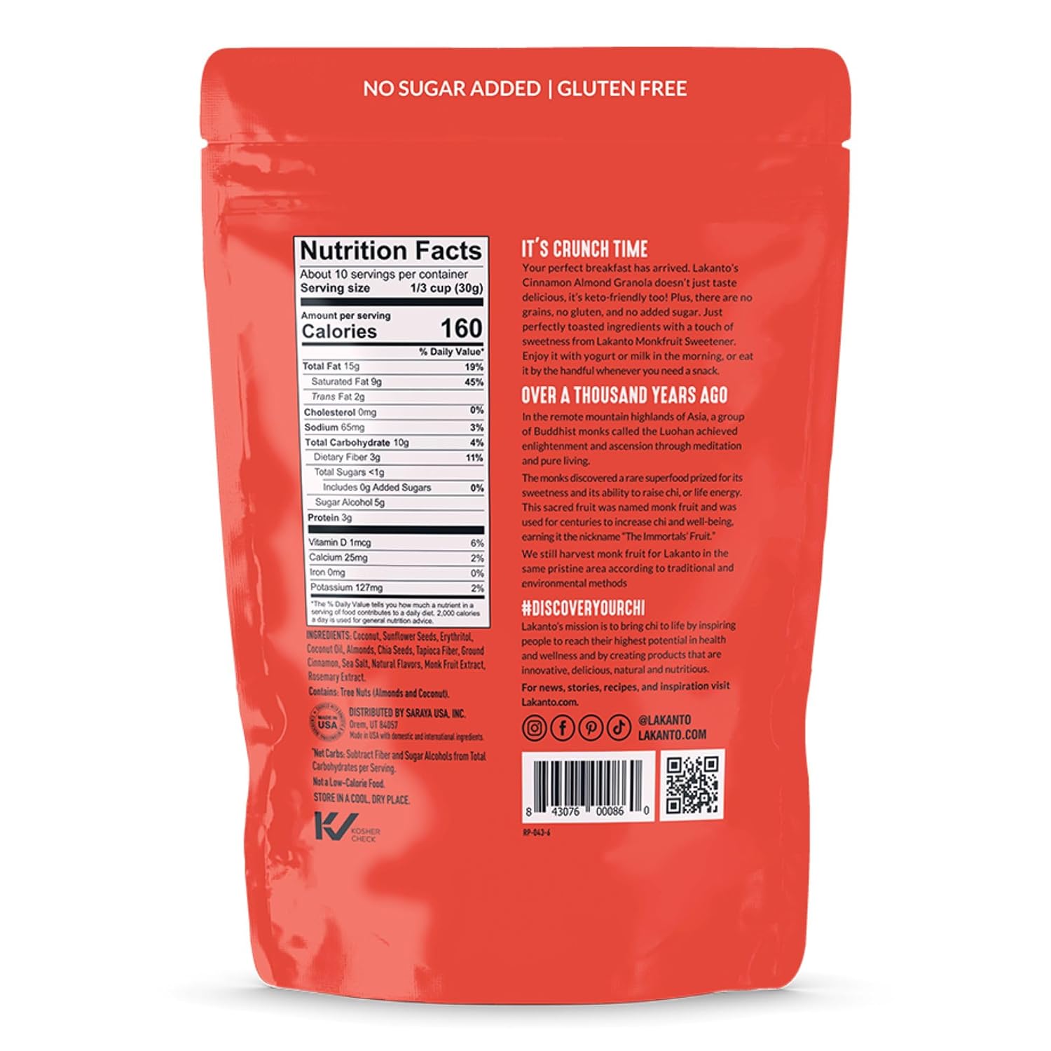 Lakanto Cinnamon Almond Crunch Granola - Delicious Snack, Quick Breakfast Cereal, Keto Friendly, Monk Fruit Sweetener, No Sugar Added, Vegan, Gluten Free, Grain Free, Low Net Carbs (11 Oz)