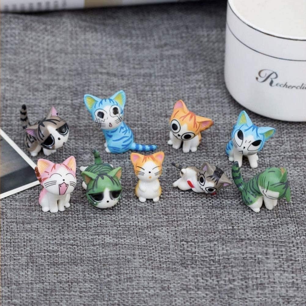 Cute Mini Cartoon Cat Figurines - 8pc PVC Miniatures, Lovely Cat Crafts & Collectibles - Home, Garden, Office, Car & Boutique Decoration - 5 Colors