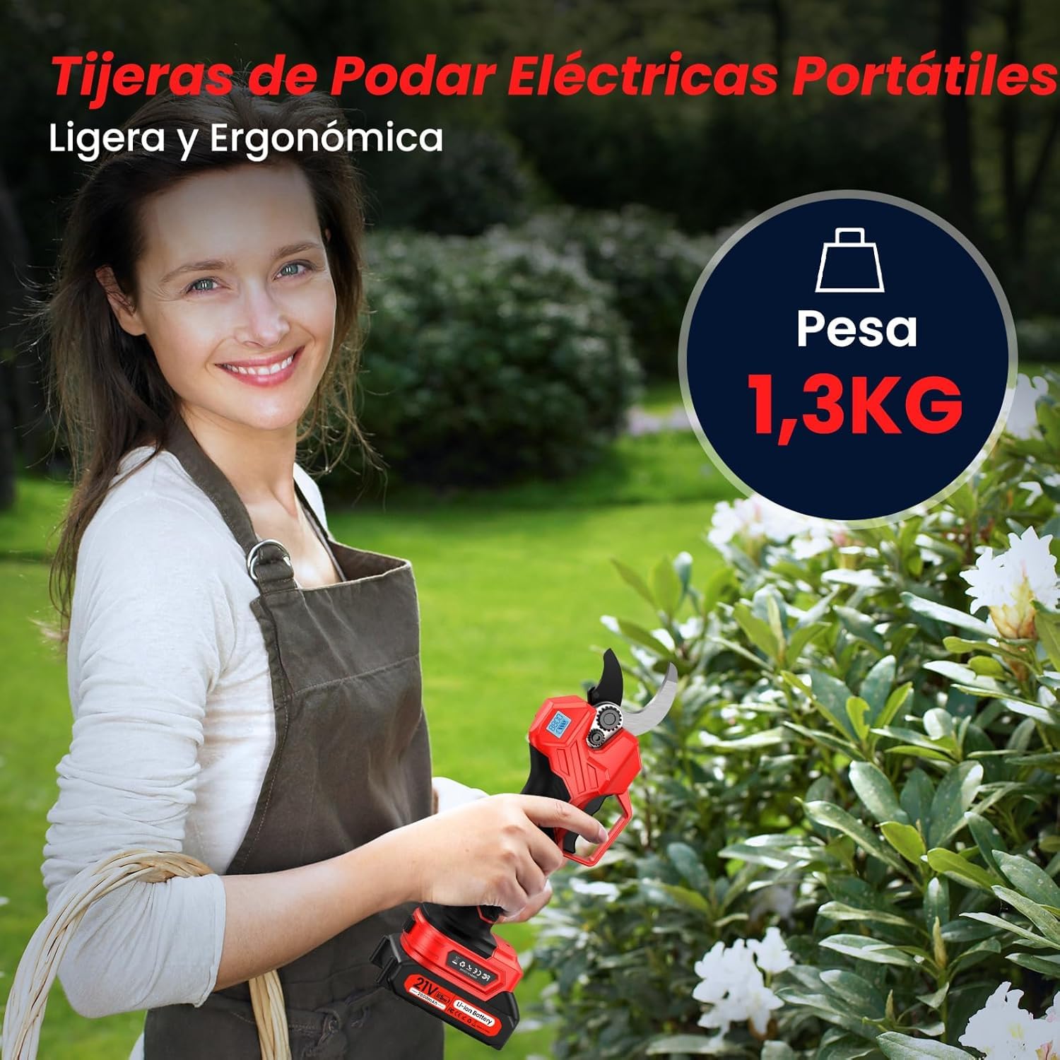 Tijeras de Podar Eléctricas 50mm con 2x21V 2000mAh Baterías, Pantalla LCD | 1000W Motor Sin Escobillas, Pantalla LCD, 4 Modos, 2x 2,0 Ah, 3000 + Cortes,Suspensión Auto,Regalo Papá para Poda de árboles
