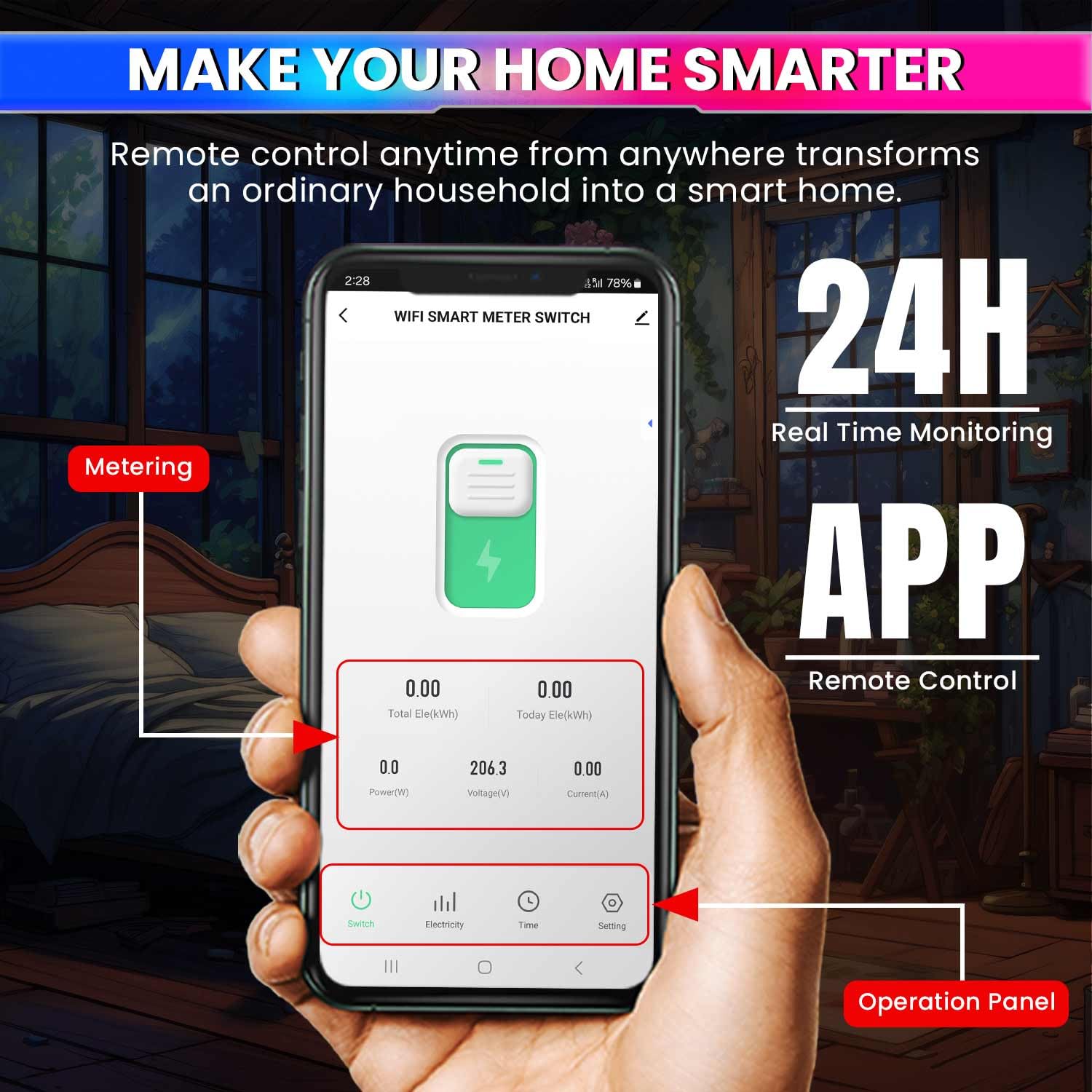 amiciSmart WiFi Energy Meter with Timer Switch | Over/Under Voltage and Over Current Protection Device with Over Temperature Protection, Single Phase, 220VAC - Image 5 thumbnail