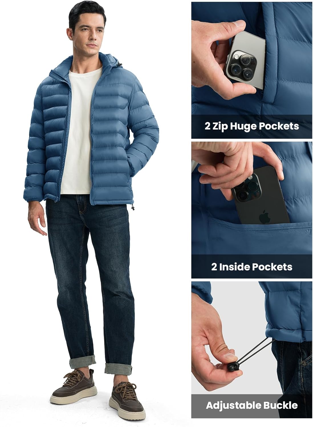 TBMPOY Men's Lightweight Puffer Jackets Detachable Hood Water-Resistant Casual Winter Coat Hooded Insulated for Travel Ski - Image 5