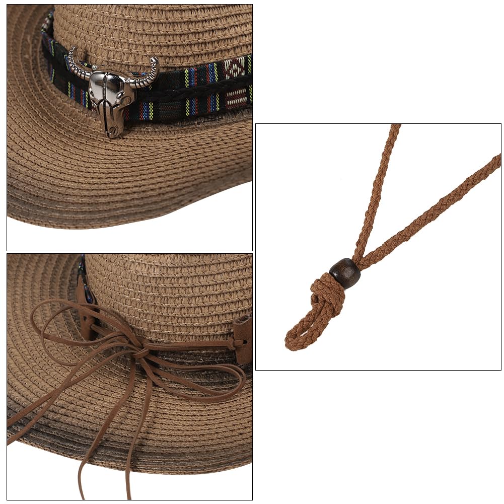 Western Cowboyhut mit Stierkopf Dekor Westernhut Breit Krempe Cowboyhut mit Verstellbar Kordelzug Strohhut UV Schutz Panamahut Unisex Retro Sonnenhut Faltbar Outdoorhut für Wandern Camping Reisen