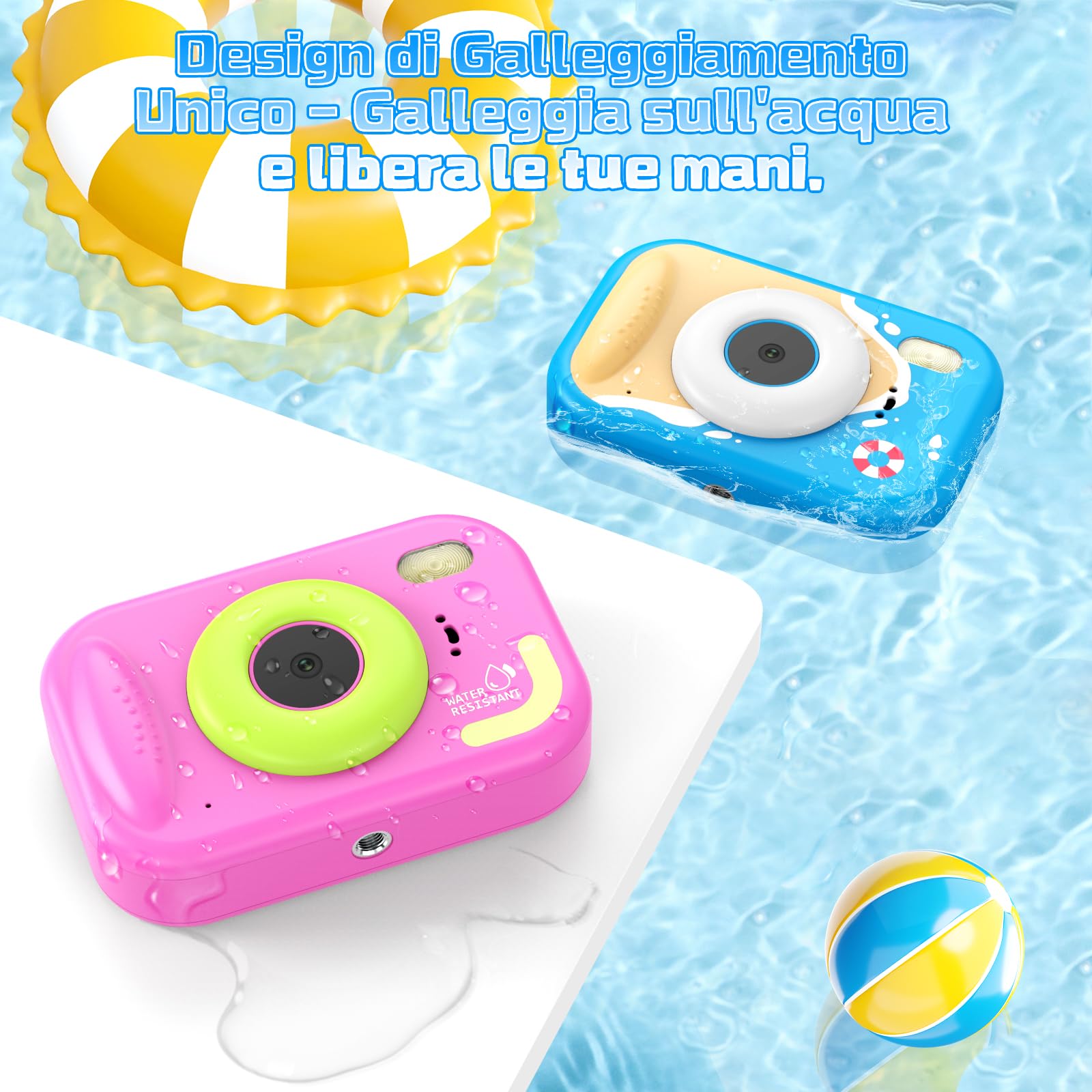 CHAKEYAKE Camara Acuatica Infantil, IP67 1080P Cámara subacuática con Zoom 10X, Pantalla de 2.4”, Tarjeta 32GB, Juguete para Piscina y Playa, Regalo para Niños y Niñas de 3–12 Años, Azul
