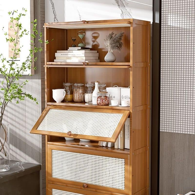 CraftThink Wooden Bookshelf, 2 Tier Bamboo Light Brown Bookshelf Modern Standard Bookcase Rectangle Shelves with Doors for Bedroom,Office,Kitchen,Living Room (23.5" L x 13" D x 28.7" H)