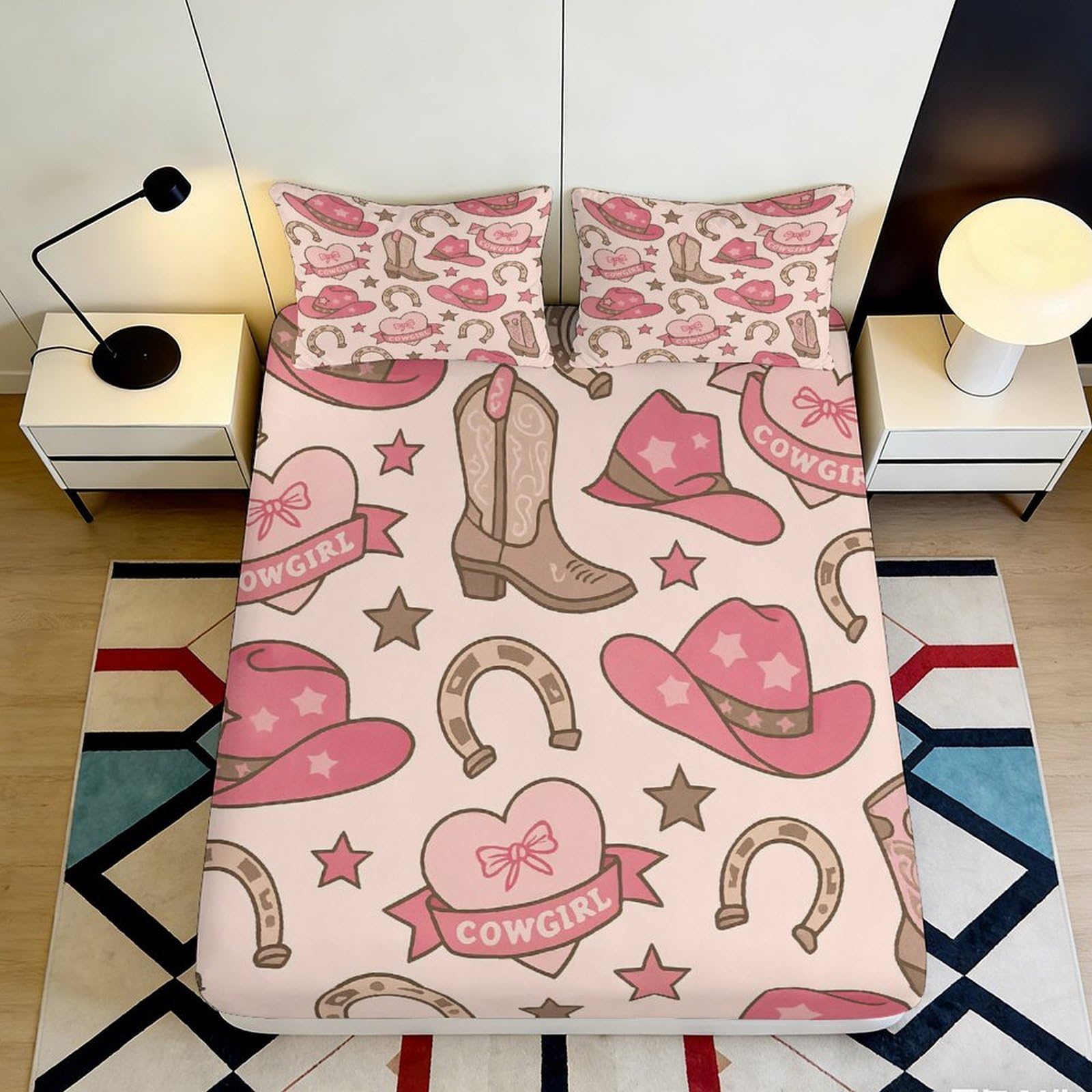 3D Printed Cowboy Hat Fitted Sheet Microfiber Soft Pink Western Boots Mattress Cover for Bedroom Dorm Decor 90x200x25cm