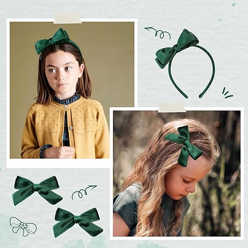 Miniatura 3 de DEEKA Diadema de terciopelo verde oscuro con lazo y 2 lazos de terciopelo para el cabello, uniforme de terciopelo, accesorios para el cabello, banda
