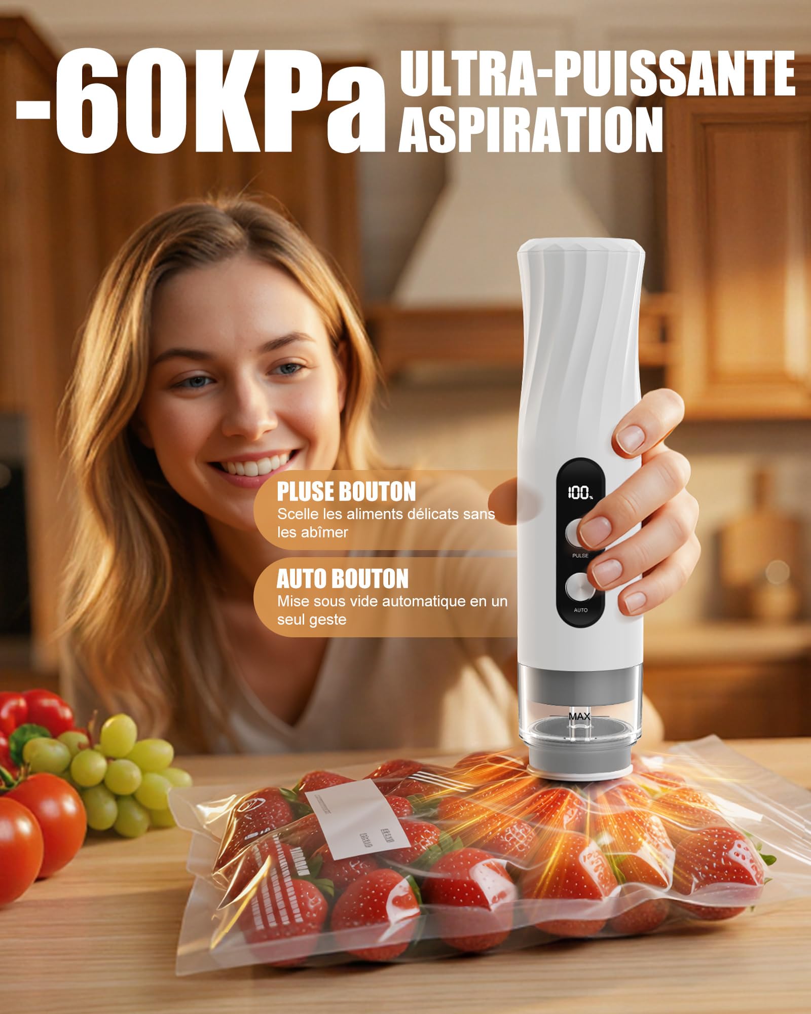 Babacom Portable Machine Sous Vide Alimentaire avec Réservoir Visible, 60kPa Ultra-Puissante, Scellage Auto & Mode Pulse pour Aliments Délicats, Pompe Sous Vide Compacte avec 20 Sacs Réutilisables