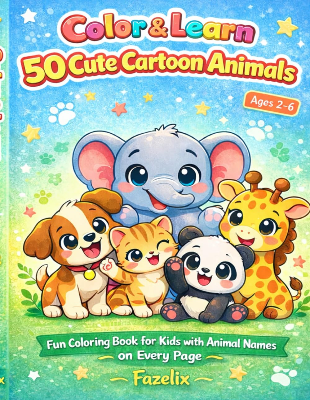 Color & Learn 50 Cute Cartoon Animals: Fun Coloring Book for Kids with Animal Names on Every Page