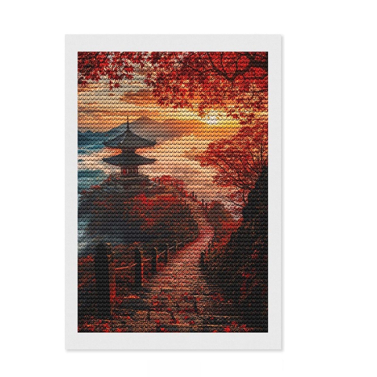 Junmoney Japanese Pagoda Sunset DIY Diamond Art Canvas Kit 8"x12", for Teens, Pleasing Wall Art Project, Aesthetic Room Decor, Christmas Gift