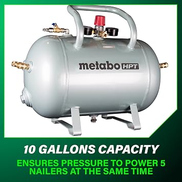 Metabo HPT Reserve Air Tank, High Capacity 10 Gallon Air Tank, ASME Certified, 5 Quick Connect Couplers, Industrial Pressure Gauges, Angled Steel Legs for Stability, UA3810AB