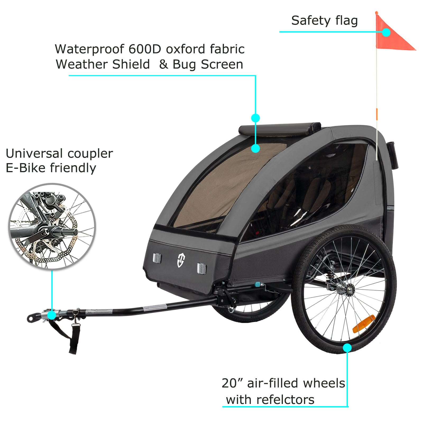Tiggo Kinderanhänger 360° Drehbar mit Federung 2in1 Fahrradanhänger Buggy Set Jogger 5-Punkt Gurt für 1 bis 2 Kinder max. 40kg