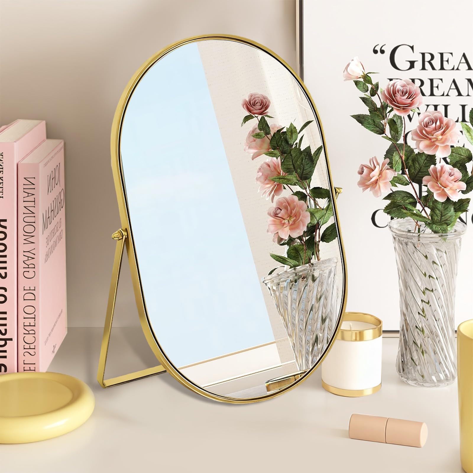PERFECT LASER Gold Makeup Mirror with Metal Frame - Heavy-Duty Tabletop Vanity Mirror, Metal Dressing Table Mirror,360° Adjustable, HD Distortion-Free for Dressing Table, Desk & Bathroom Countertop