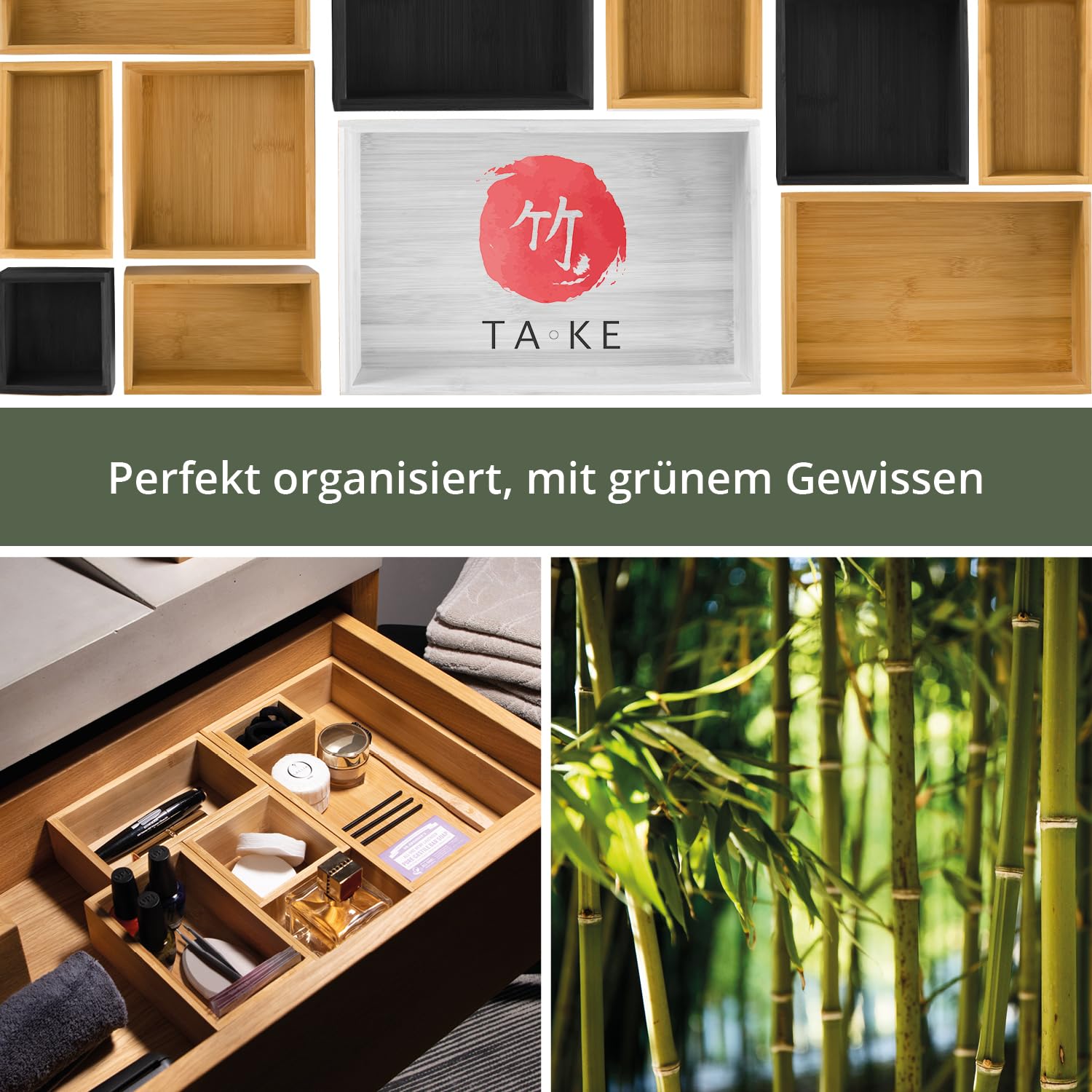 TAKE® 6-częściowy organizer do szuflad, wykonany w 100% z naturalnego bambusa (biały) – organizer do szuflad, pudełka w różnych rozmiarach, do kuchni, łazienki i biura, organizer do szuflad, toaletki