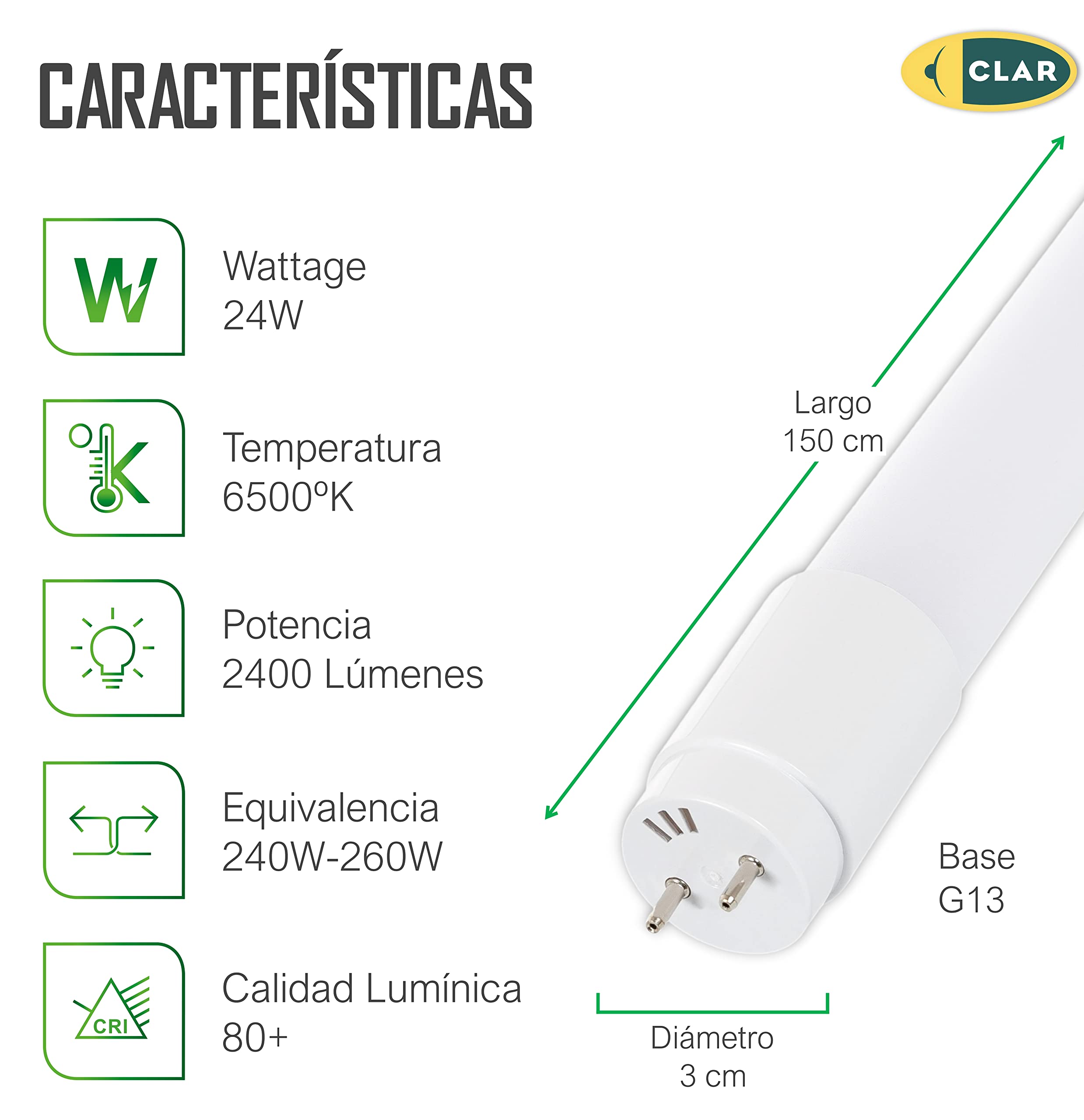 CLAR - LED Röhre 150cm T8 24W, Leuchtstoffröhre Ersatz, Feuchtraumleuchte geeignet, Wannenleuchte Komplettset mit Starter & Fassung, Neonröhre LED 150 cm, Kaltweiß 6500ºK (Pack 25)