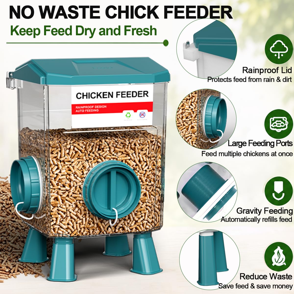 Juego de comedero y bebedero de pollo, sistema automático de alimentación de aves de corral sin residuos, alimentador de 17 libras y bebedero de 7 litros, kit de gallinero 4 en 1 con soporte
