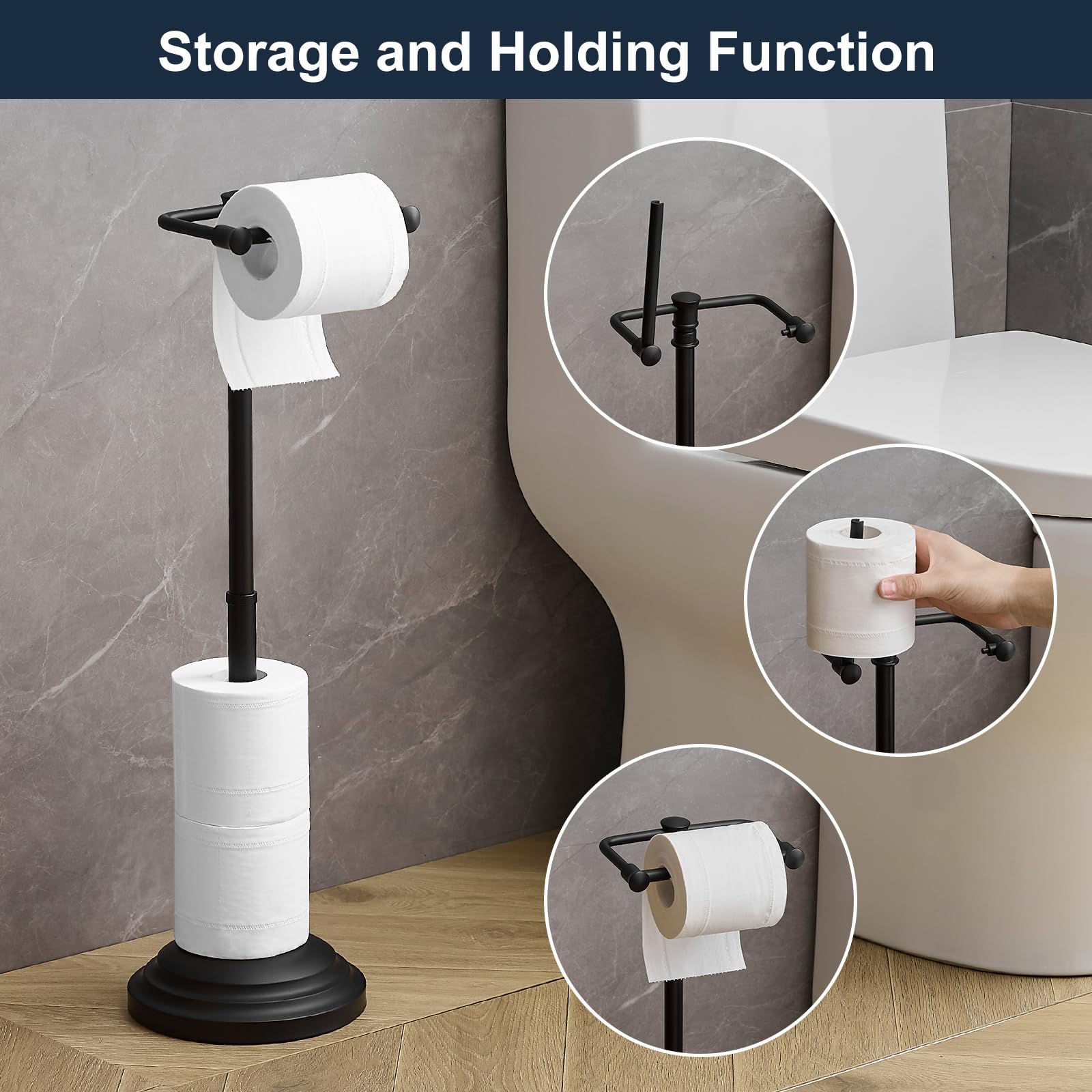 Toilettenpapierhalter, verstellbar (34,5 cm bis 57,9 cm), freistehend, Toilettenpapierhalter, Edelstahl, mit Aufbewahrung, Mattschwarz