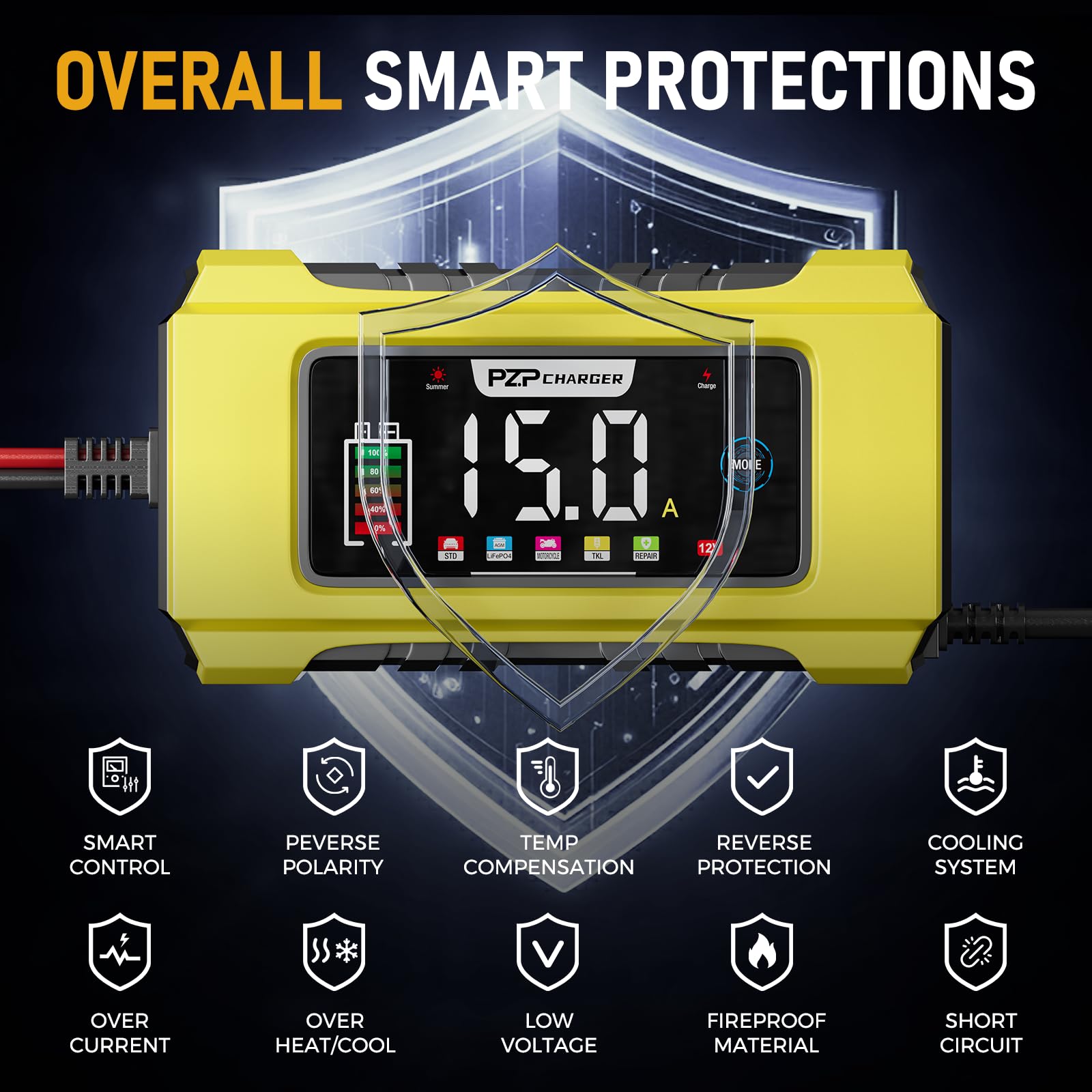 PZP - Caricabatterie intelligente da 15 A, 12 V/24 V, per LiFePO4, batterie al piombo acido, ricarica completamente automatica a 9 stadi con compensazione della temperatura per moto, auto, camion