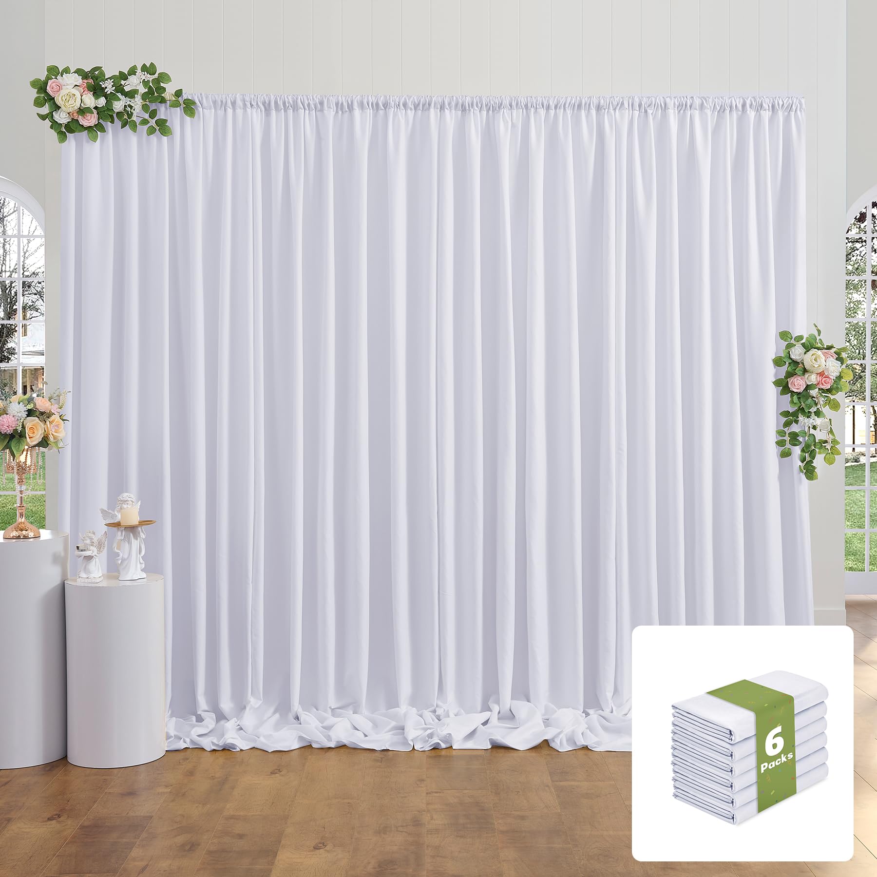 30x10FT White Backdrop Curtains for Party, 6 Panels 5x10FT Thick Polyester Backdrop Drapes, Wrinkle Resistant Photography Background Drapes for