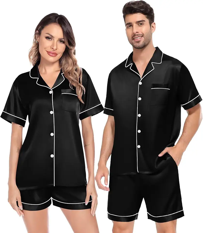 SWOMOG Satin Matching Pajamas Sets Couple Silk Button...
