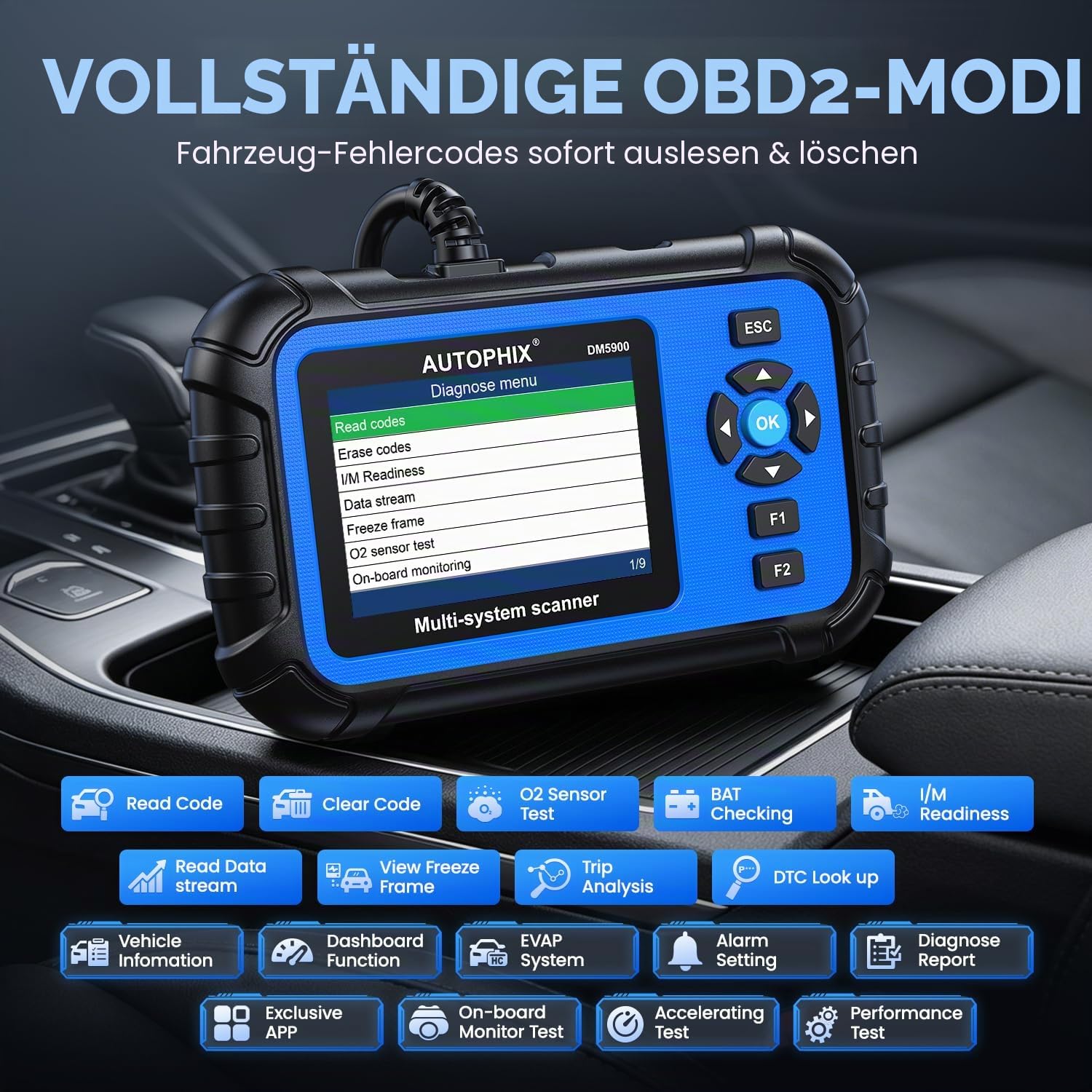AUTOPHIX 4 Systeme Auto Diagnosegerät für ABS, SRS, Getriebe & Motor, 3 in 1 Bluetooth OBD2 Scanner, 12V Autobatterietester, KFZ Diagnosegerät mit Voller OBD2 Funktion