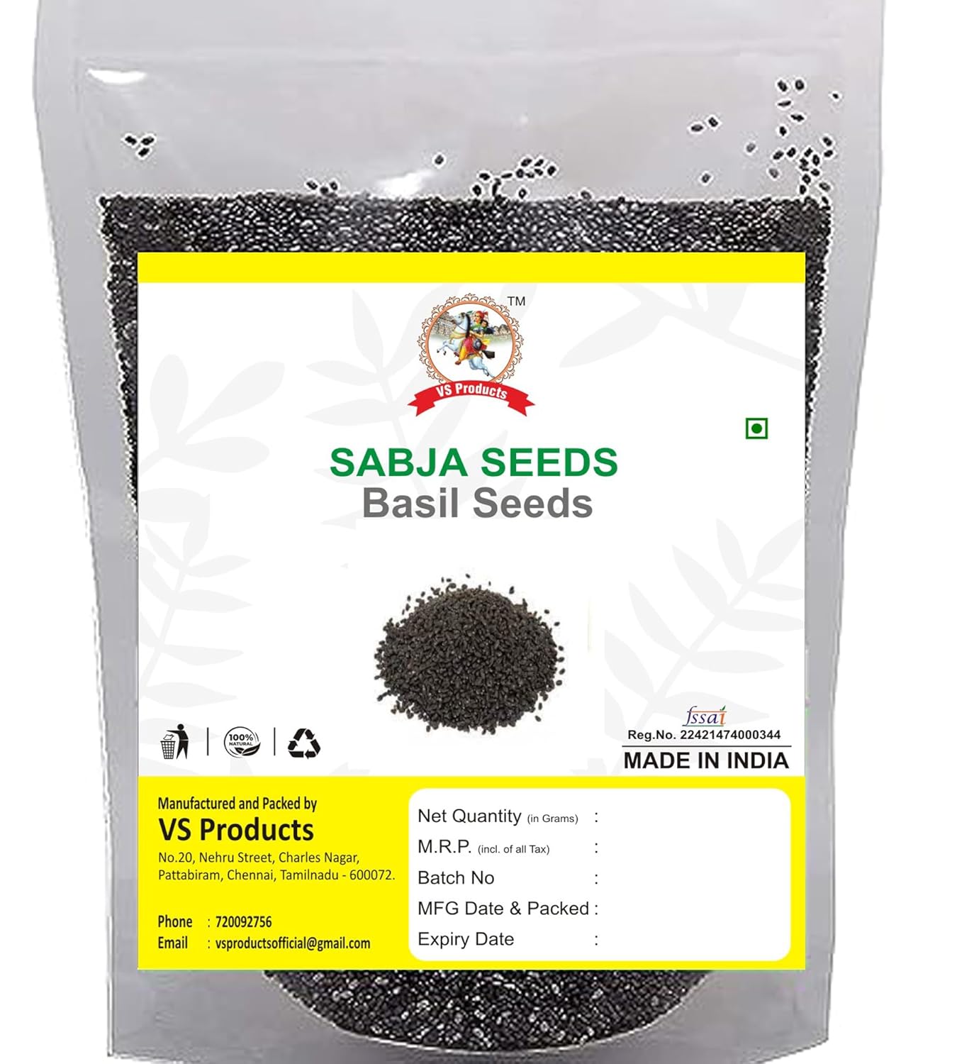 VS Products Sabja Seeds, 100g Basil Seeds, Falooda Seeds, Sabja Ginjalu, Turkmaria, Sabja Vithai