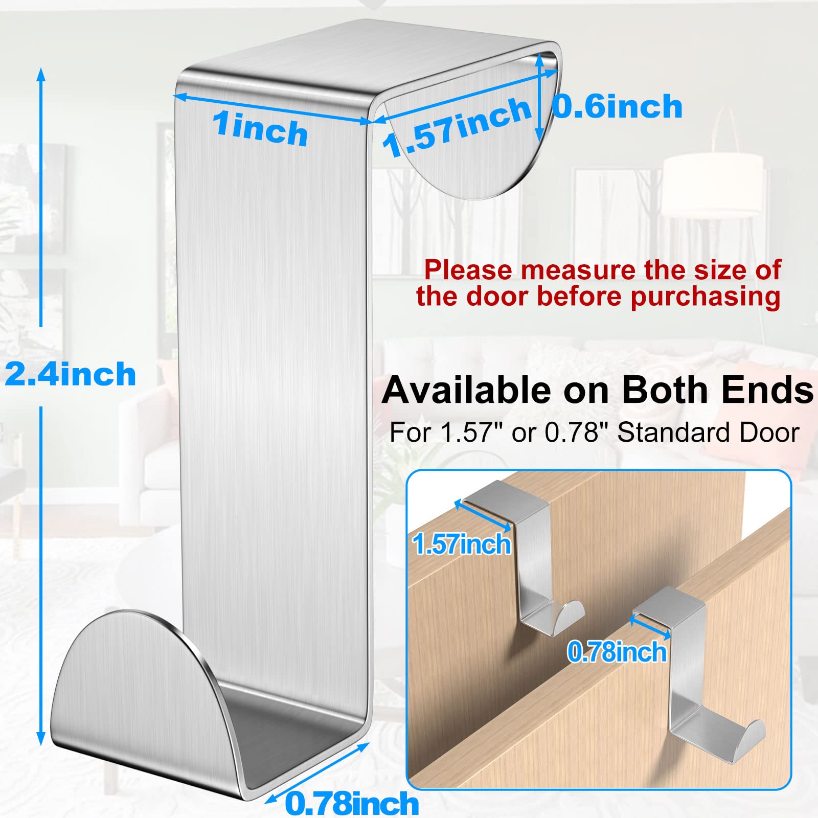 Gancio per Porta, 6 Pezzi Acciaio Inossidabile Ganci Appendiabiti, Porta Asciugamani Per Camera Da Letto, Bagno, Cucina, Argento