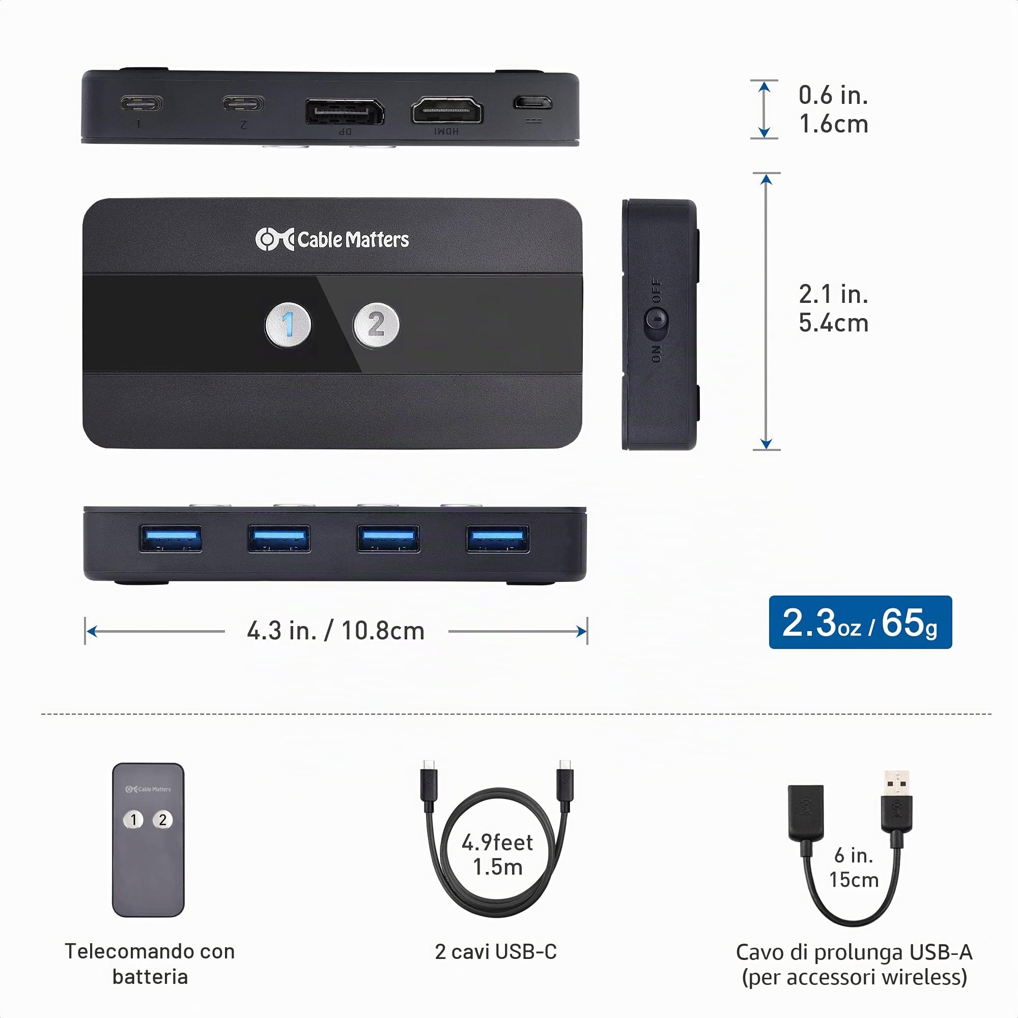 Cable Matters Cavo DisplayPort a HDMI | RF Remote, HDMI, DisplayPort, 4x USB3.0, Non compatibile con Desktop PCs / Chromebooks, No ricarica, No EDID