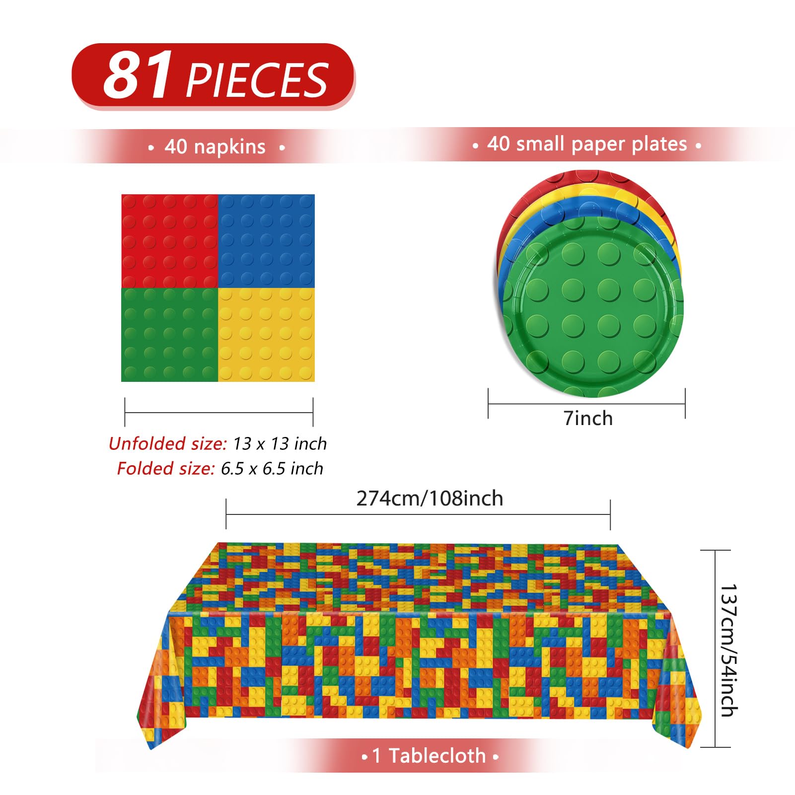 LOIYSHINE 81 PCS Building Block Birthday Party Supplies - Colorful Themed Tableware Set With Disposable Plates, Napkins, Tablecloth for Boys Kid's Birthday