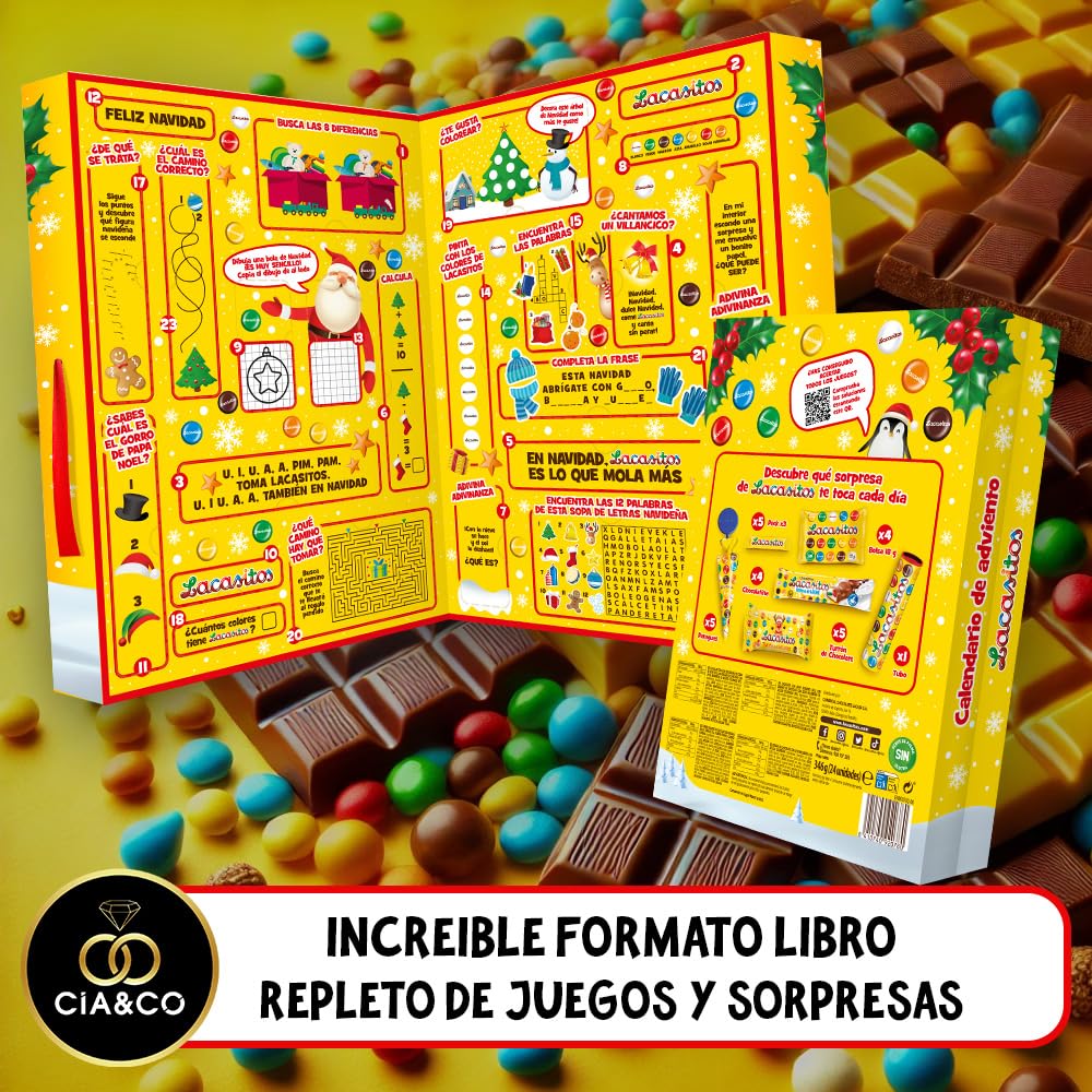 Calendario de Adviento Lacasitos Libro 2025 · 24 Chocolates Variados y Pasatiempos Navideños · Edición XXL 296 g