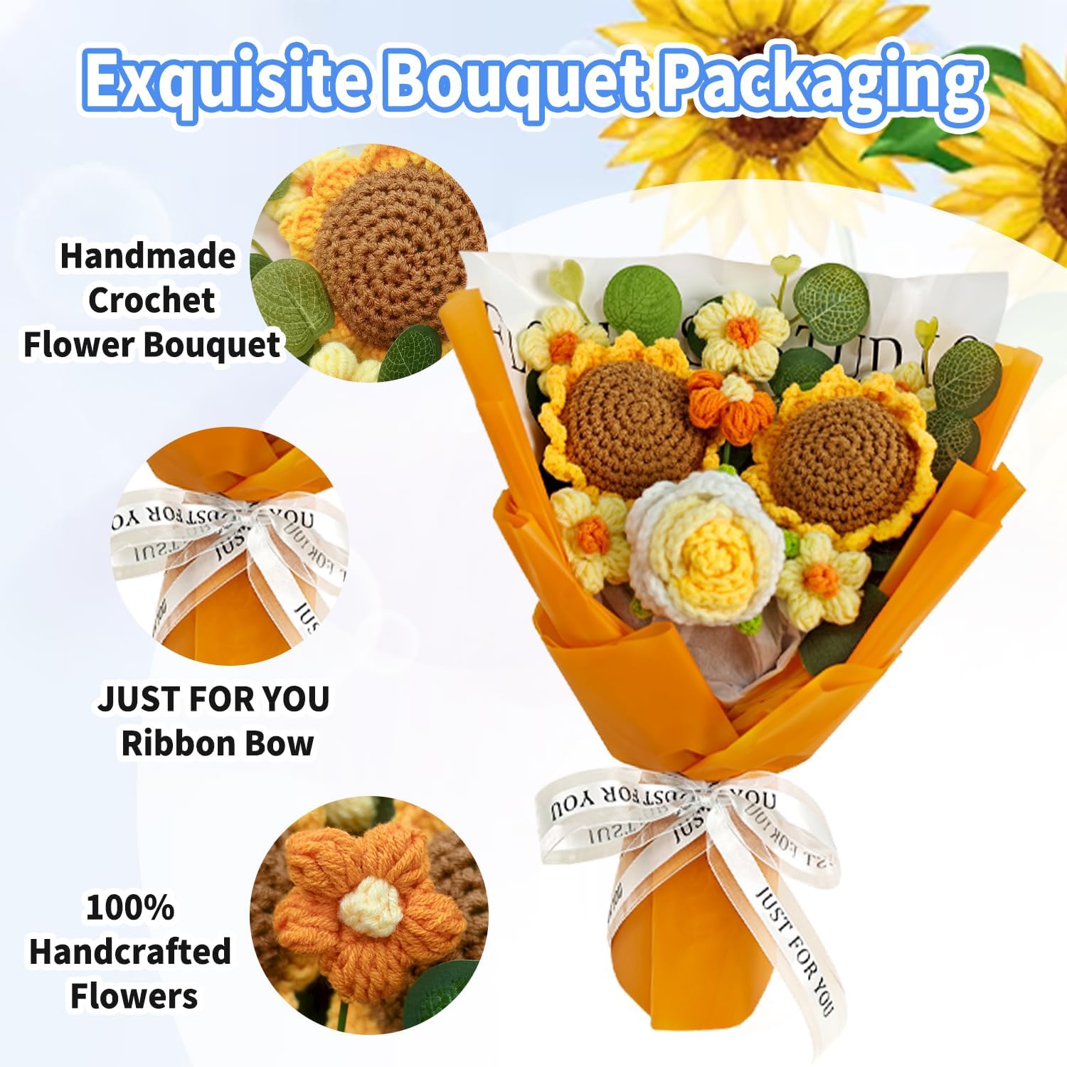 Crochet Flower Bouquet, Handmade Sunflower, Rose, and Daisy Combination, Perfect for Mother's Day, Wedding, Birthday,Anniversary, Home Decor, Ideal Gift for Women, Mom, Wife, and Friends (Orange) - Image 4