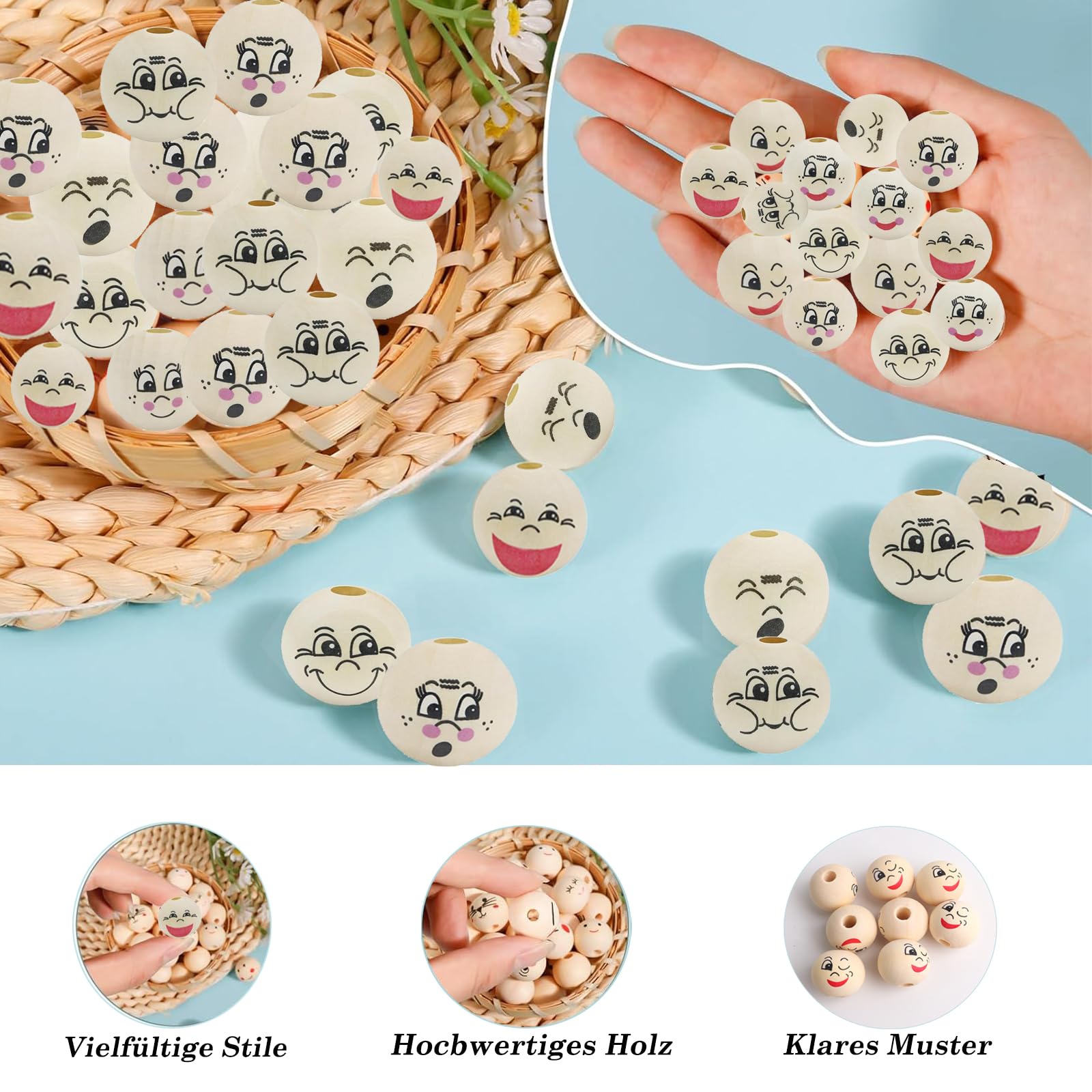 100 Pezzi Perline di Legno con Viso 20 mm Perline di Legno Teste di Legno con il Viso per i Vermi Preoccupazione Natura Sorriso Faccia Perline Artigianali Rotondo con Legno