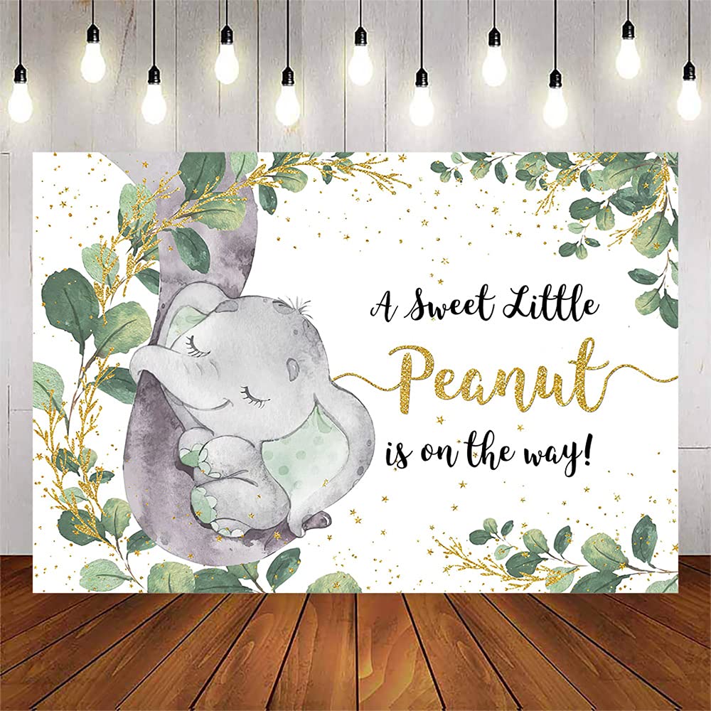 Avezano Greenery Elephant Backdrop Baby Shower Party Decoration A Little Peanut is On The Way Gender Neutral Green Gold Background Jungle Botanical