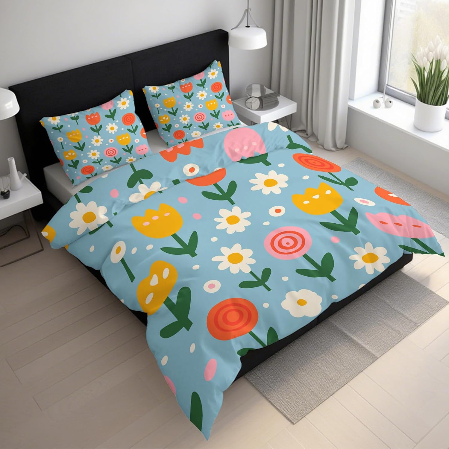 Cartoon Flower Duvet Cover Twin Size, Cute Floral Bedding Set 2 pcs with 1 Pillow Cover, Kawaii Tulip Daisy Bedroom Decor, Soft Microfiber Reversible, Zipper & Ties