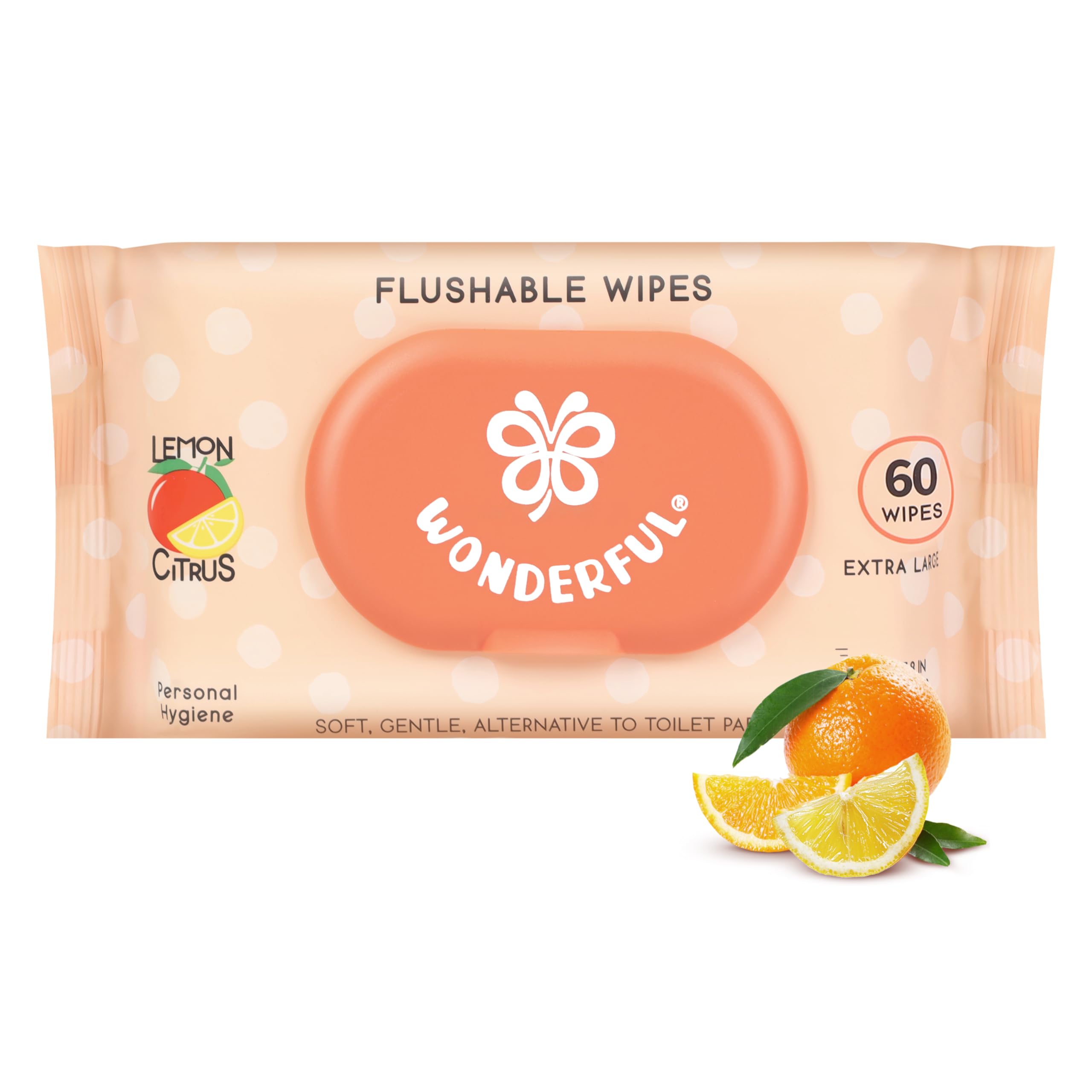 Flushable Butt Wipes, Lemon Citrus 100% Plant-Based Wet Wipes for Adults & Kids; Sewer, Septic Safe; Gentle for Sensitive Skin, Wipes Flushable Pack for Bathroom & Travel, 1-Pack (60 Wipes)