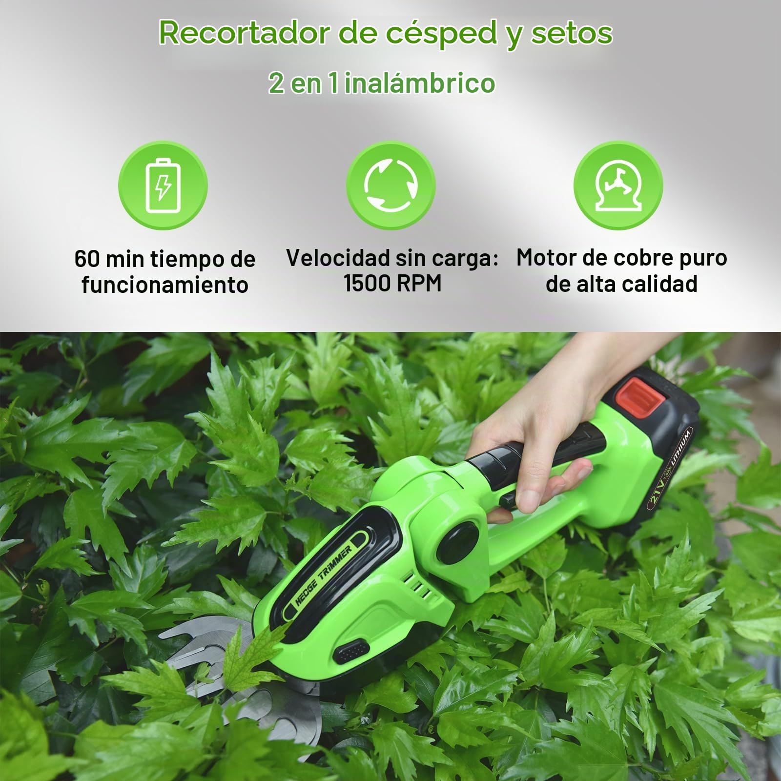 Cortasetos a Batería 2 en 1, Cortasetos de Jardín, Cortasetos Telescópico Eléctrico con 2x1500 mAh Batería, Cortasetos de Jardín Eléctrico