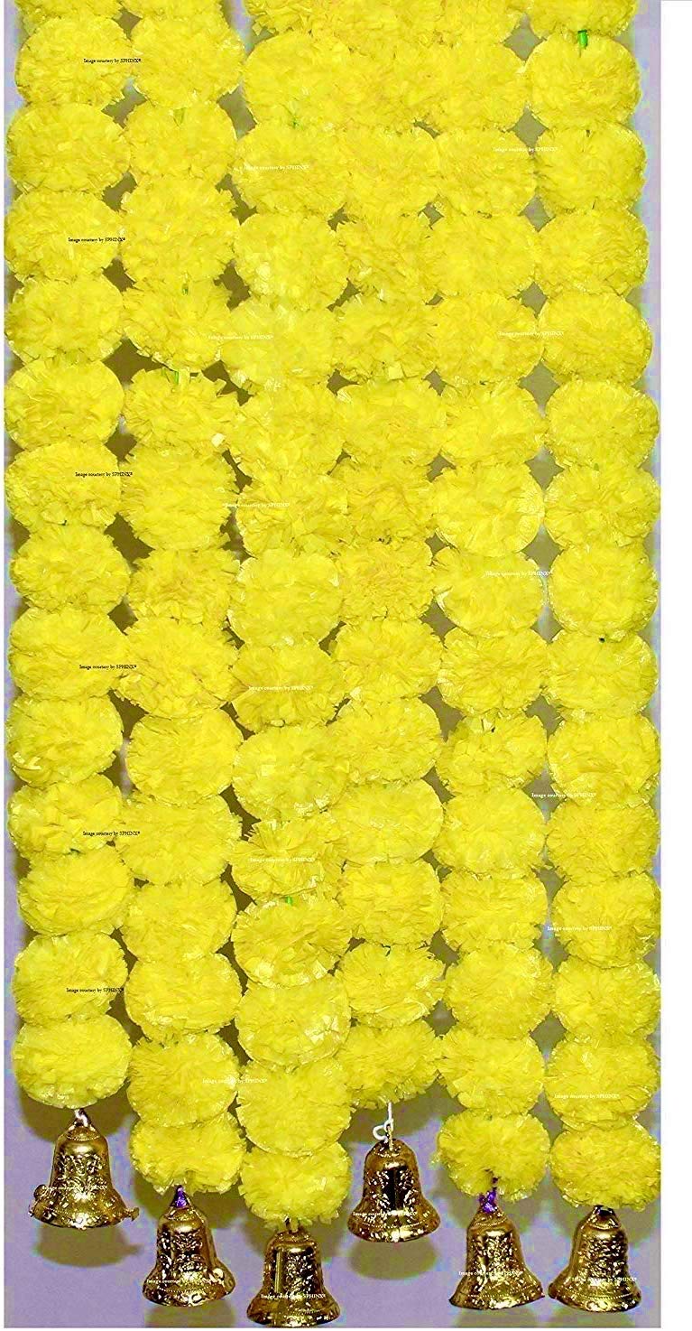 SPHINX ARTIFICIAL MARIGOLD FLUFFY FLOWERS AND GOLDEN HANGING BELLS GARLANDS/TORANS/WALL HANGINGS FOR DECORATION APPROX 2.5 ft – PACK OF 6 STRINGS – YELLOW