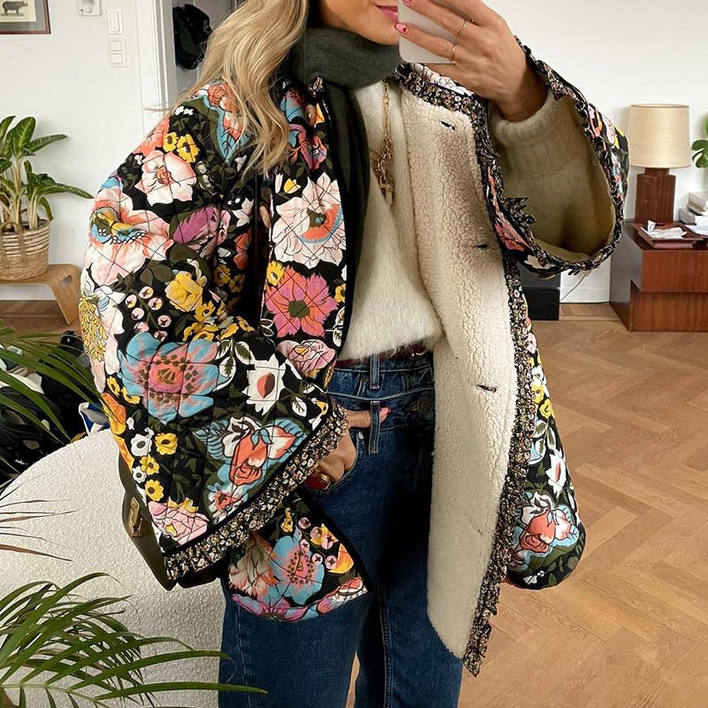 Akivide Women Winter Boho Floral Print Sherpa Fleece Lined Jacket Vintage Quilted Faux Fur Wrap Long Sleeve Button Up Coat3