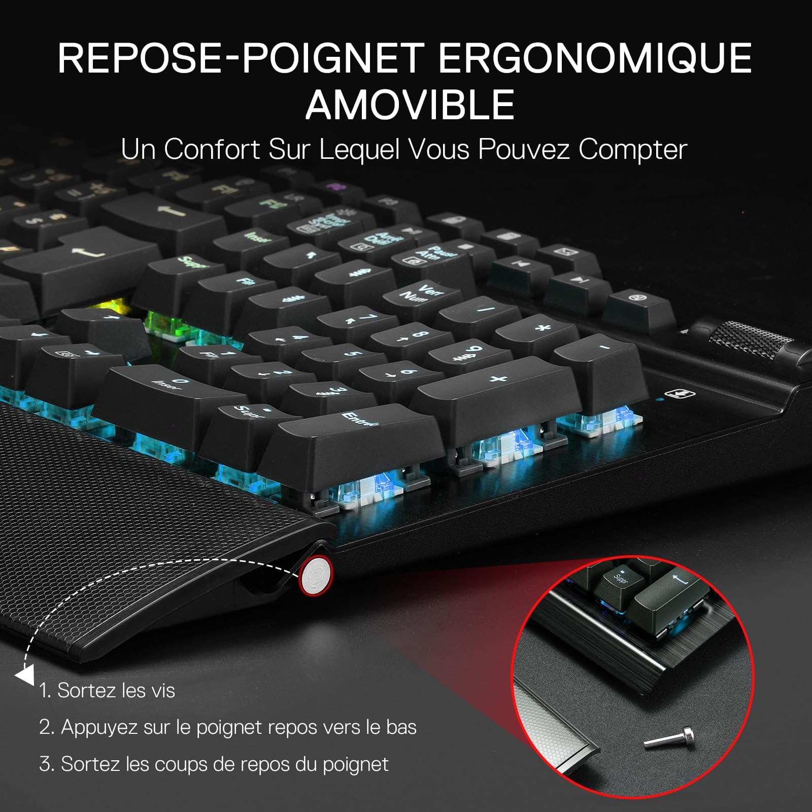 Redragon K550 Clavier Mécanique Filaire AZERTY RGB 12 Touches Macro | Switch Violet Cliquable 2 Ports USB Intégrés Repose Poignet Amovible 104 Touches Anti Ghosting Ergonomique