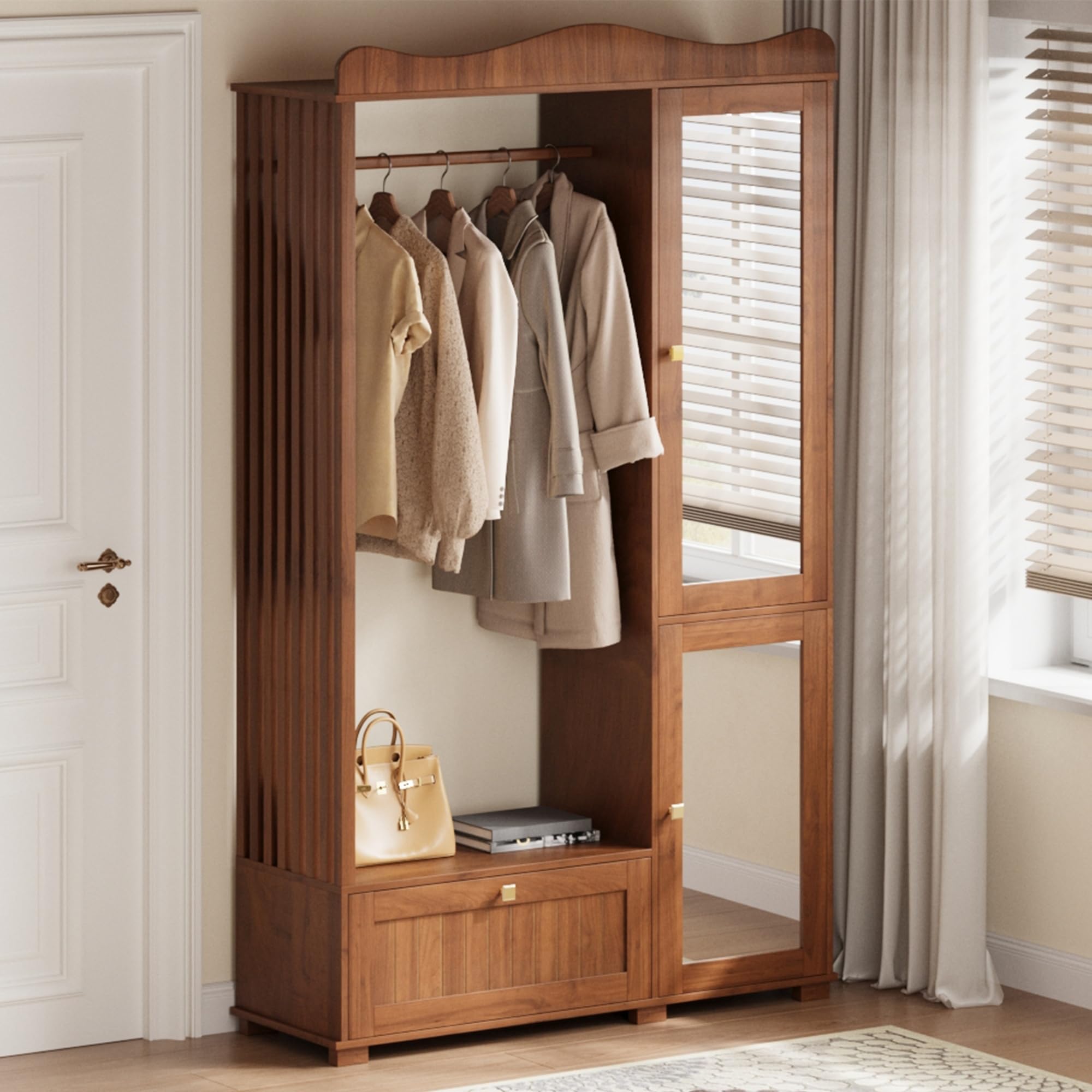 Moimhear Garderobenschrank mit Spiegel & Offener Kleiderständer, 115.5x38.5x194.5cm, Kompaktgarderobe, mit Schublade & 2 Türen, für Schlafzimmer & Flur (Nussbaum)