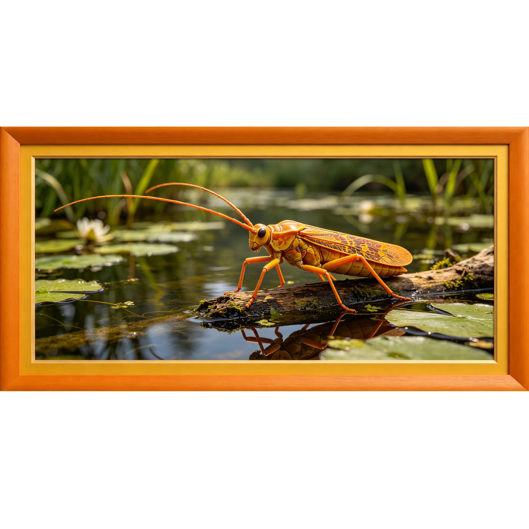 Agglomerix 3D Framed Wall Art Dragonfly on Pond Log Water Lily Botanical Nature Landscape Large Size Self-Adhesive Removable Wall Decor Prints Artwork for Living Room Bedroom Office