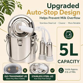 Electric Cow/Goat Milking Machine Kit, Pulsation Cattle Milker with Automatic Stop and Nipple Protection, Portable Electric Milking Device for Small Farms (Cow/Cattle, 5L)