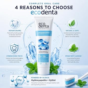 ECODENTA remineralising Toothpaste with xylitol and hydroxyapatite, with Fluoride, Vegan friendly100 ml