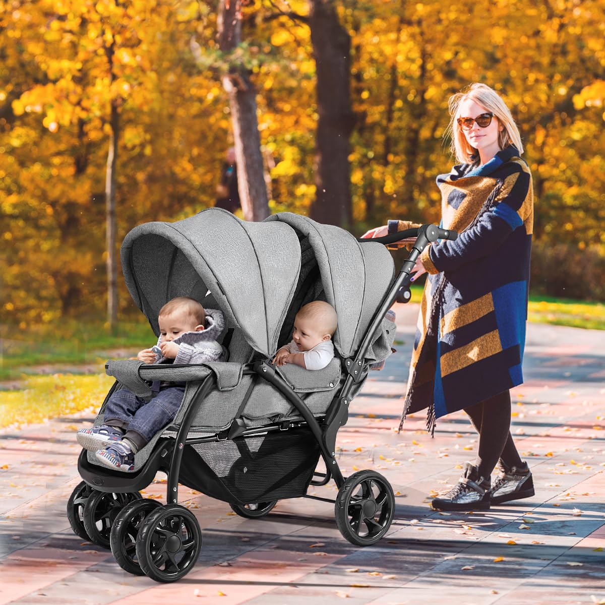 GYMAX Passeggino Gemellare Doppio/Fratelli di Età Diverse, Pieghevole Leggero, Tendalino/Schienale Regolabili, Portata di 15kg+15kg (Grigio, Verticale)