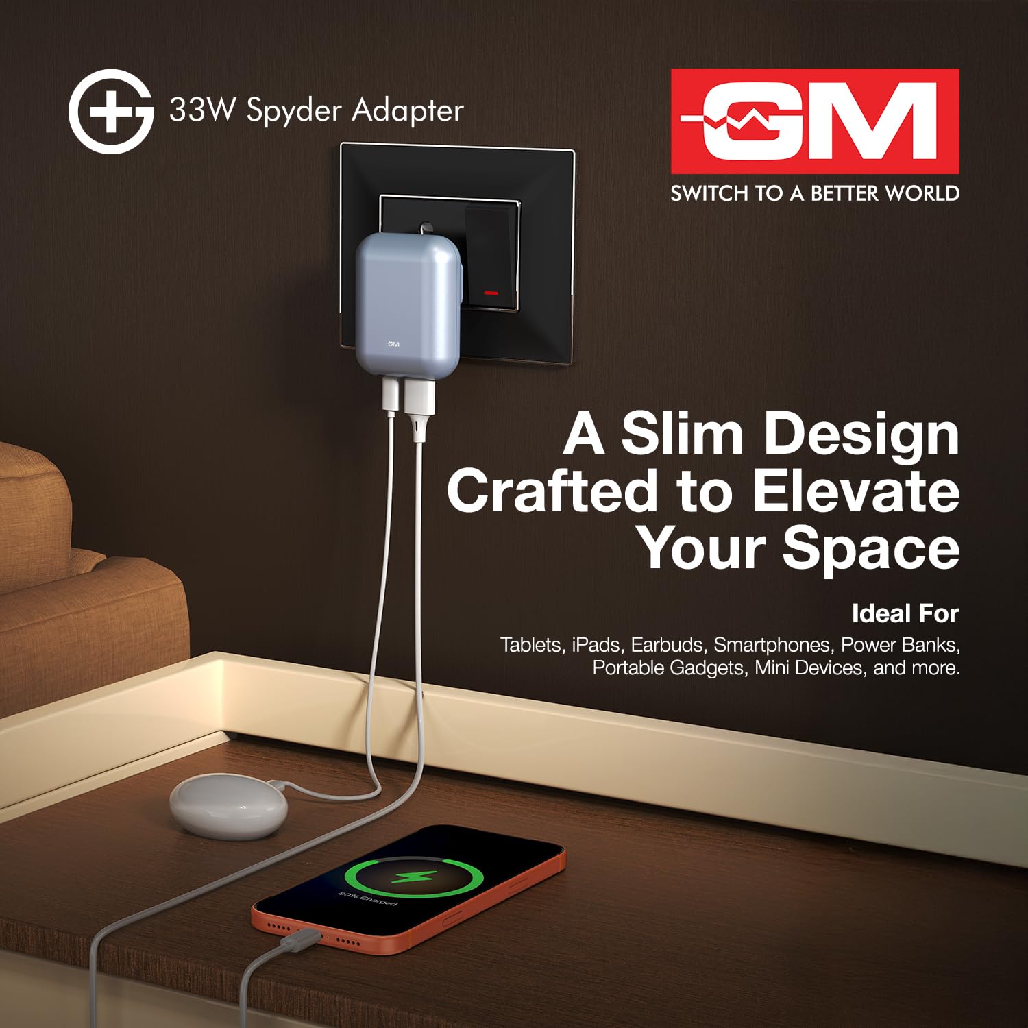 GM G+ 33W Spyder GaN Charger | Foldable Indian Pin | Travel Friendly | Type-C & USB-A Port | Advanced Protection for iPhone, Samsung, Pixel Series, Tablets, MacBook M1 |1 Year Warranty (Light Blue) — Amazon image 4